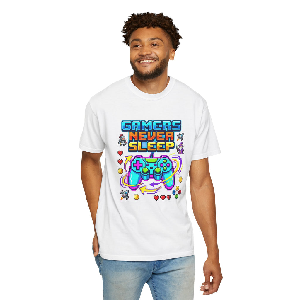 Gamers Never Sleep T-Shirt — Retro Pixel Gamepad Tee