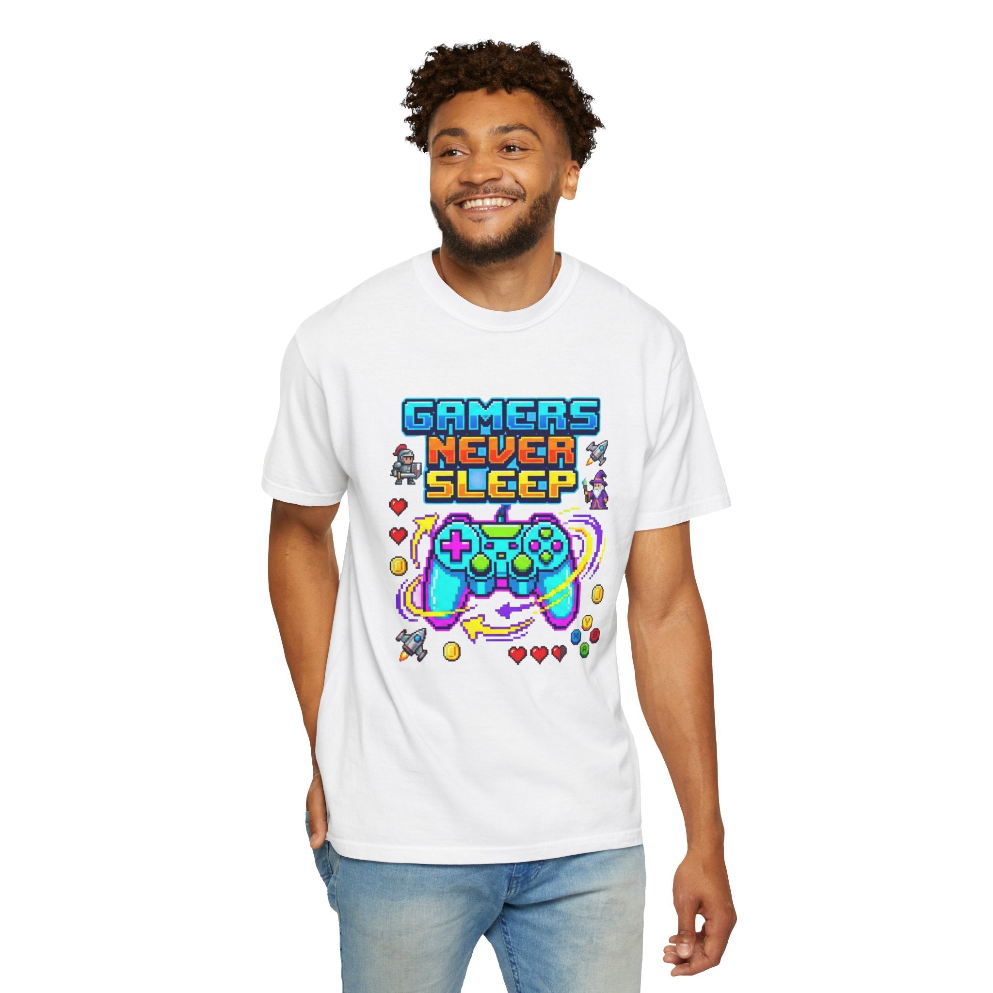 Gamers Never Sleep T-Shirt — Retro Pixel Gamepad Tee