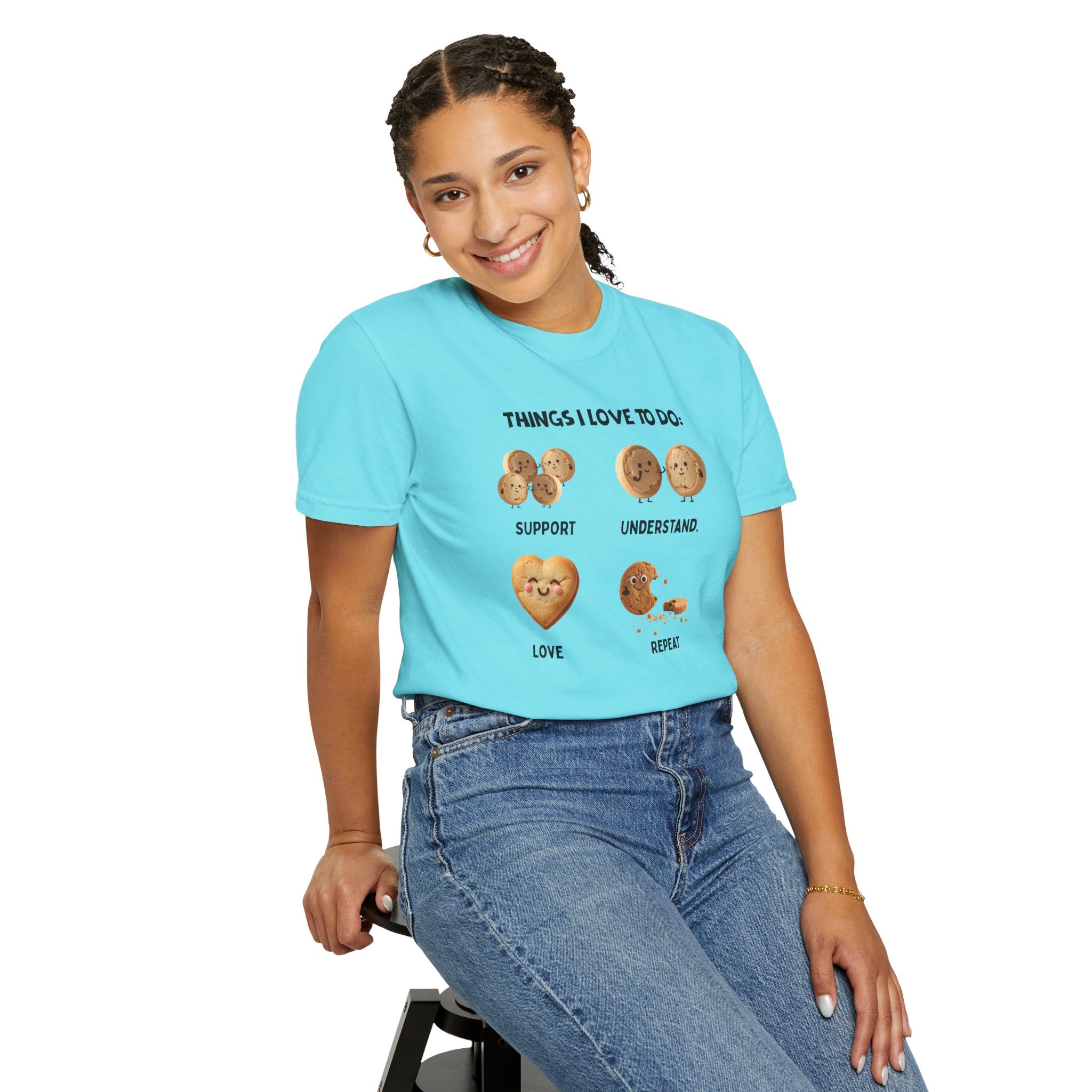 Cookie Hearts T-Shirt — "Things I Love To Do: Support, Understand, Love, Repeat" Cute Baking Graphic Tee