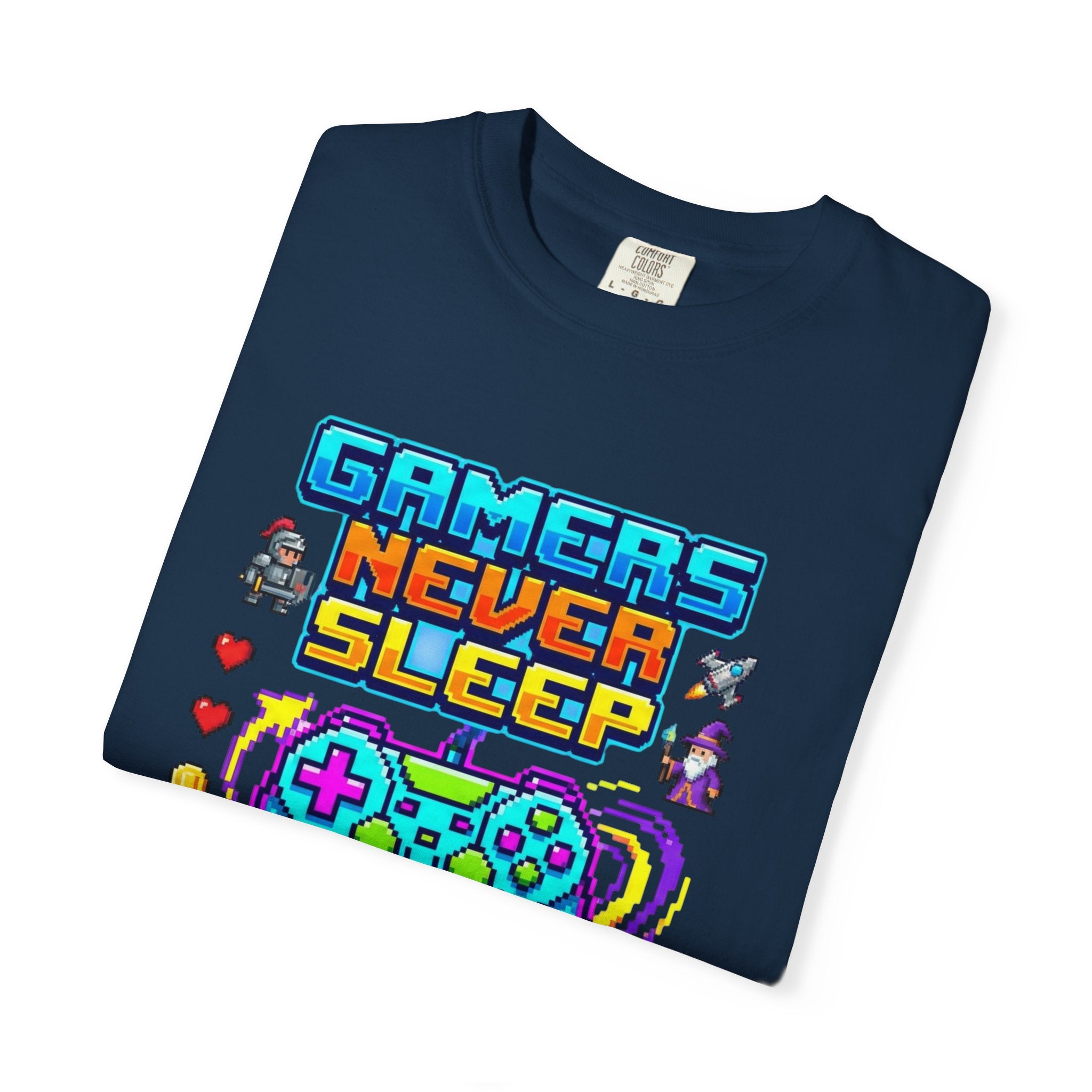 Gamers Never Sleep T-Shirt — Retro Pixel Gamepad Tee