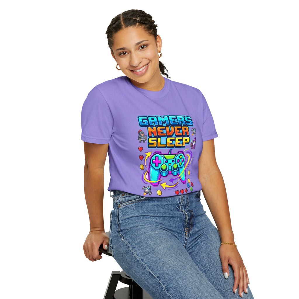Gamers Never Sleep T-Shirt — Retro Pixel Gamepad Tee