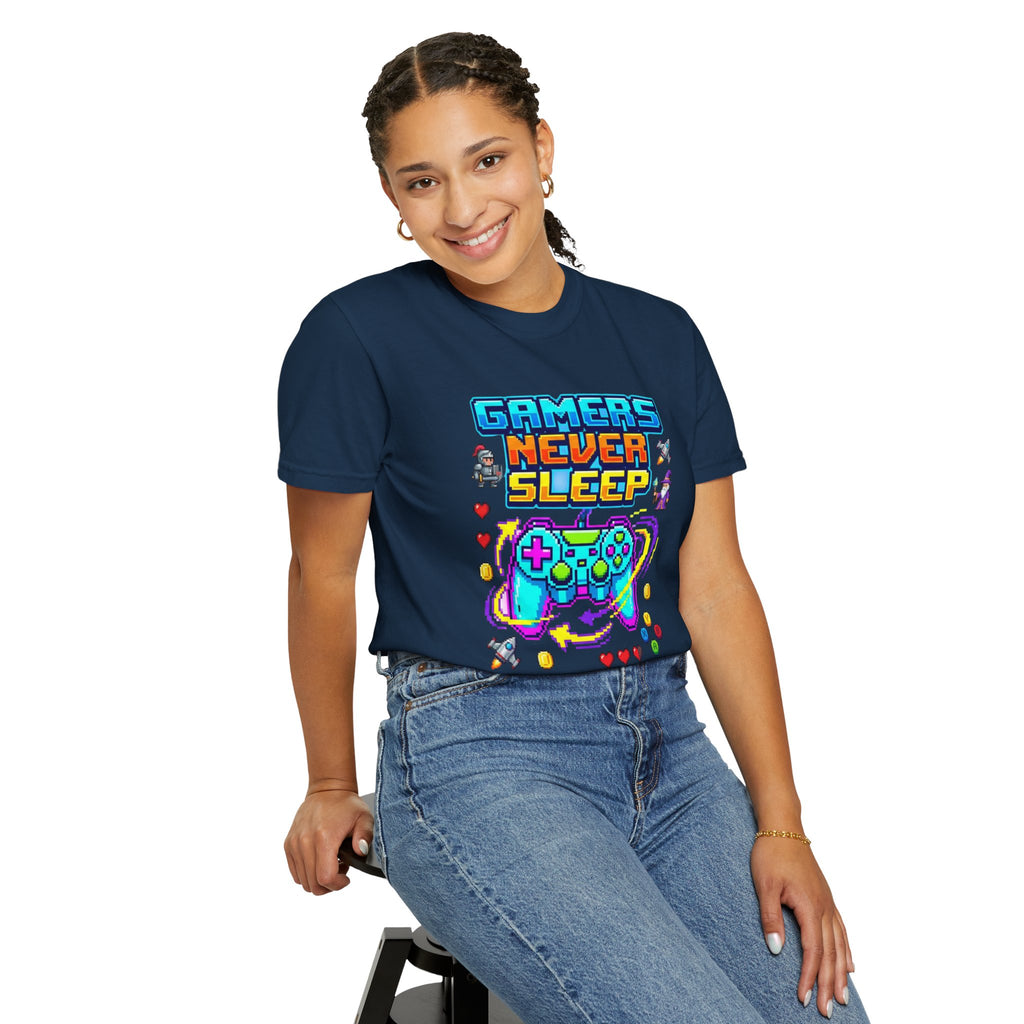 Gamers Never Sleep T-Shirt — Retro Pixel Gamepad Tee