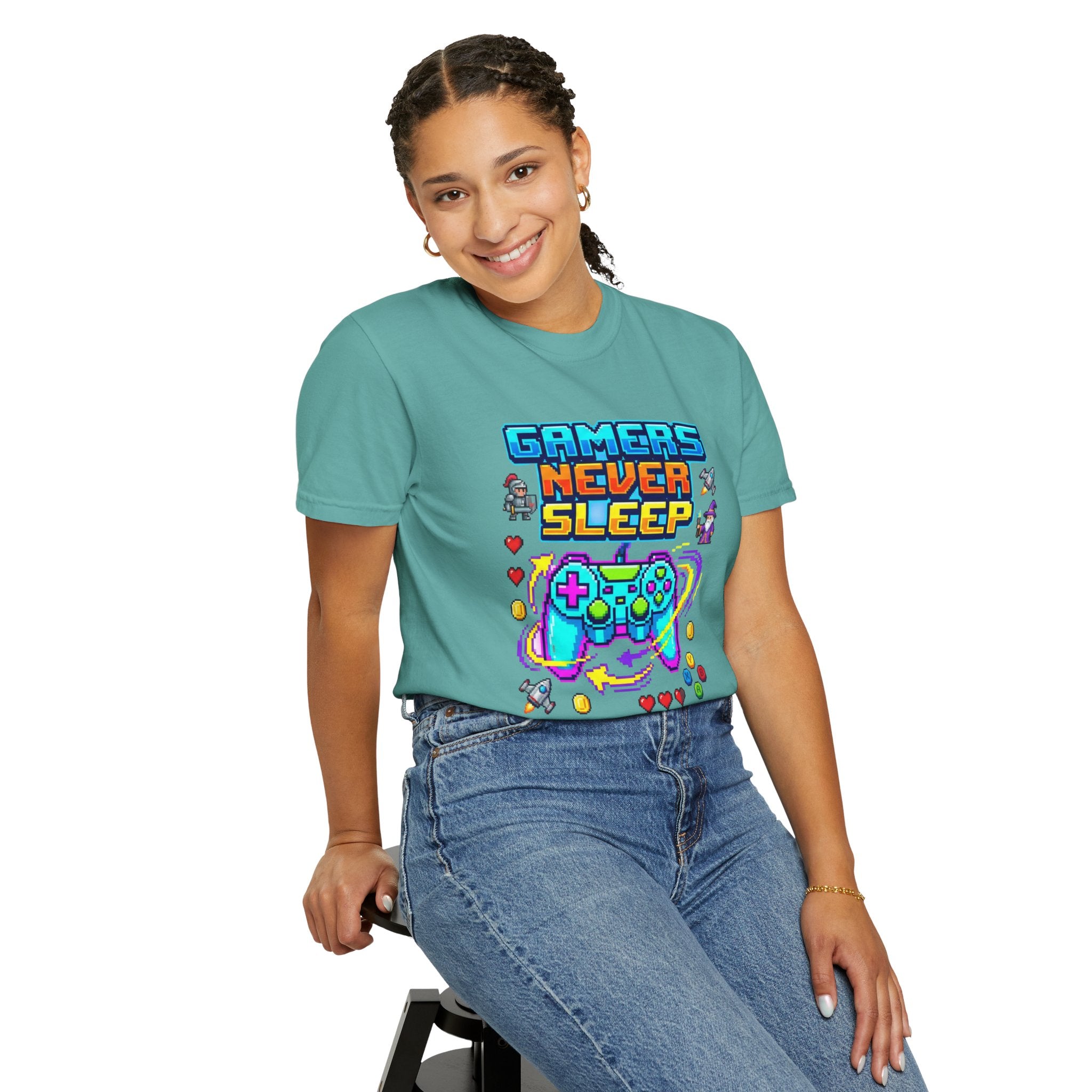 Gamers Never Sleep T-Shirt — Retro Pixel Gamepad Tee