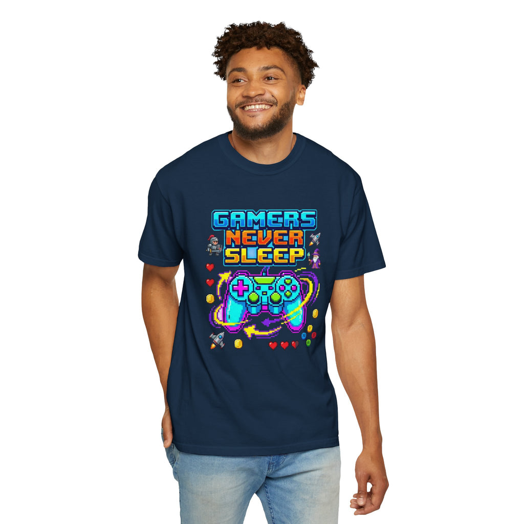 Gamers Never Sleep T-Shirt — Retro Pixel Gamepad Tee