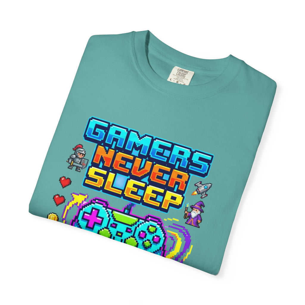 Gamers Never Sleep T-Shirt — Retro Pixel Gamepad Tee