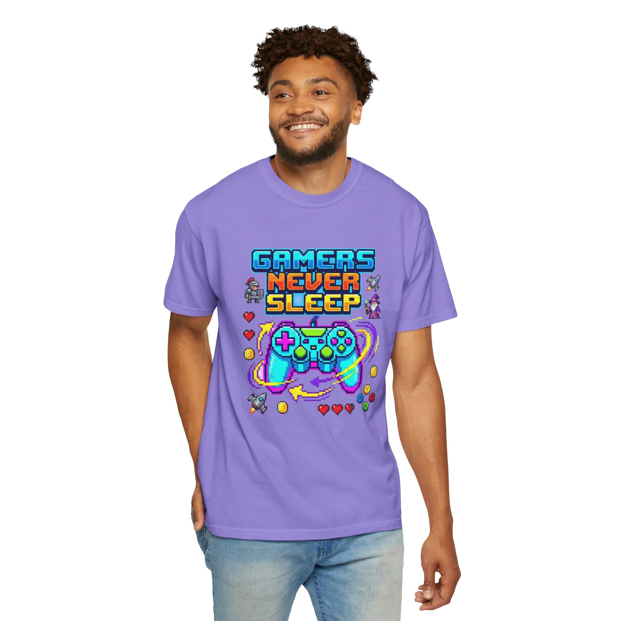 Gamers Never Sleep T-Shirt — Retro Pixel Gamepad Tee