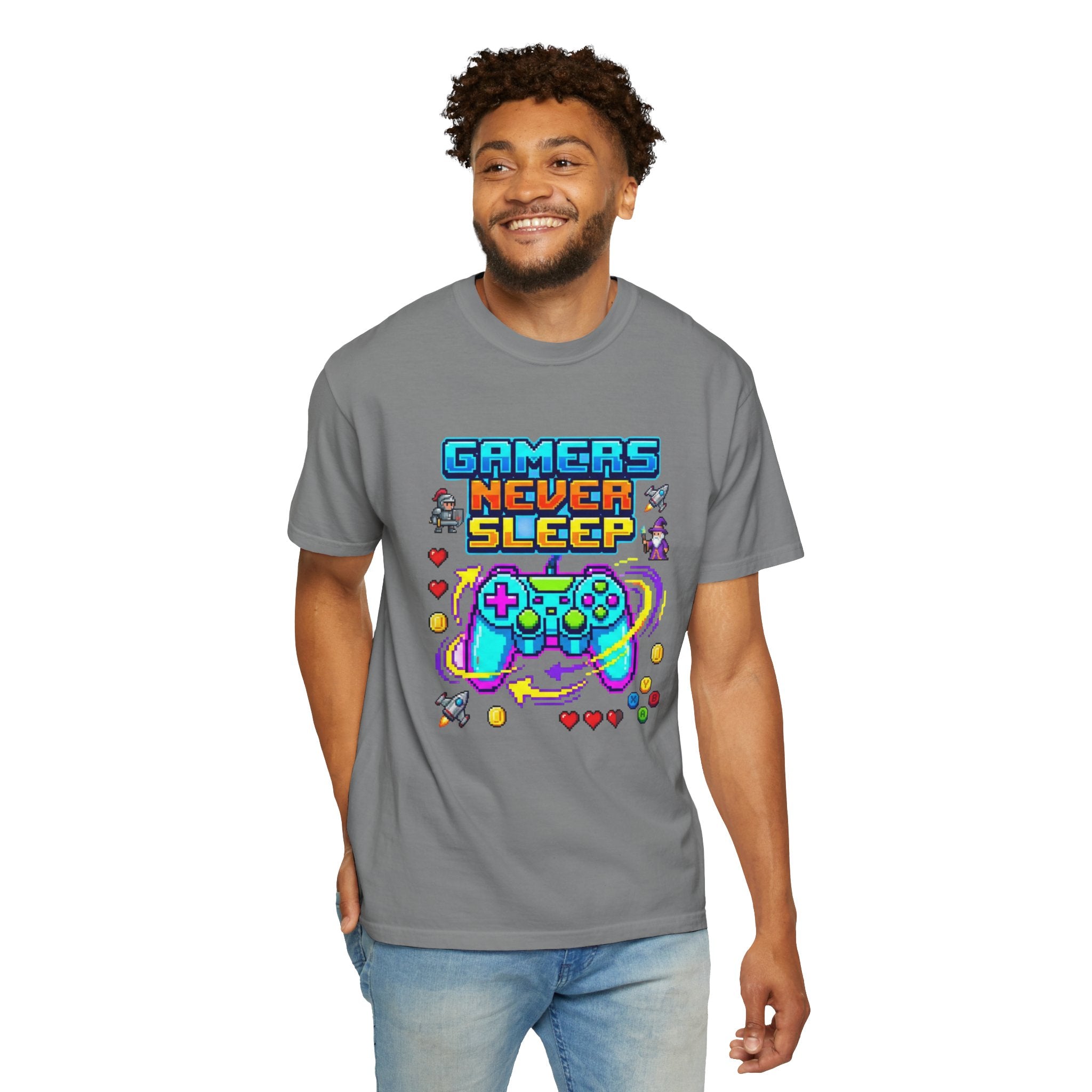 Gamers Never Sleep T-Shirt — Retro Pixel Gamepad Tee