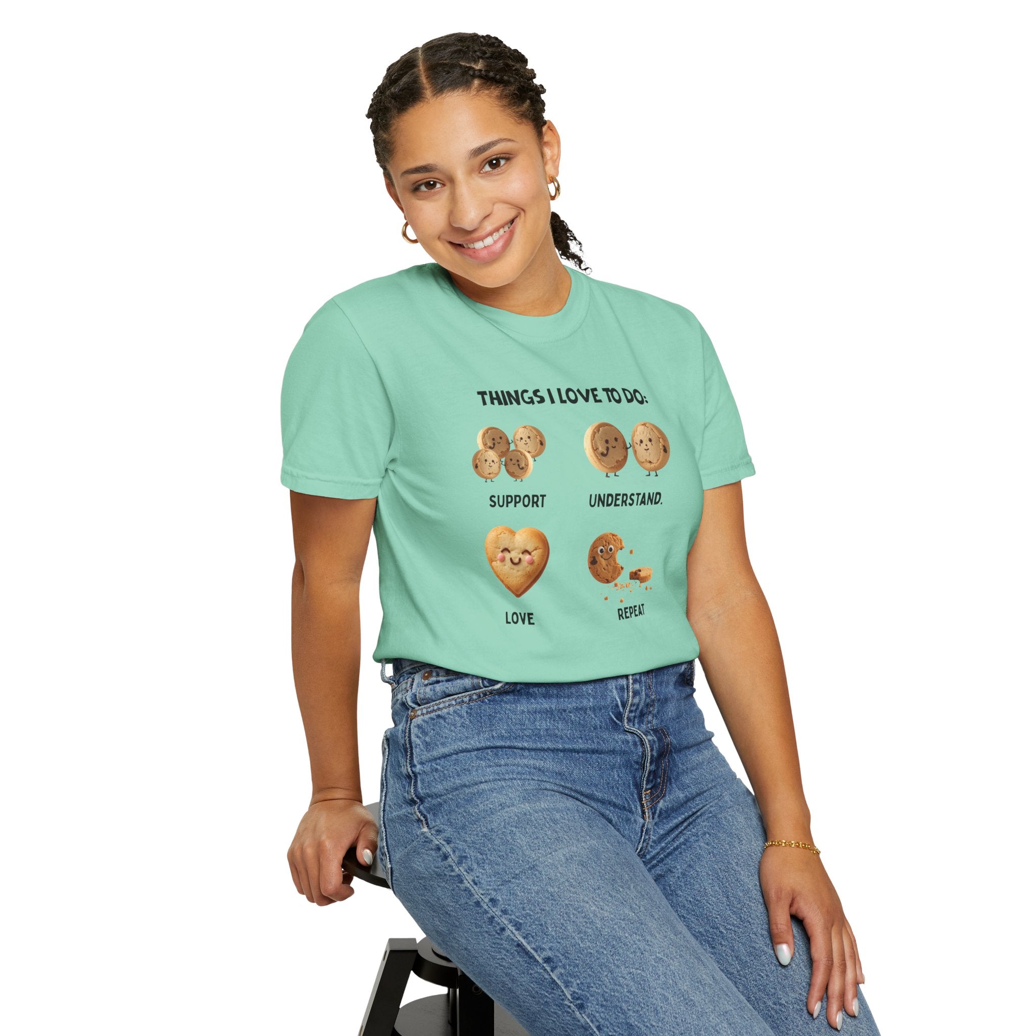 Cookie Hearts T-Shirt — "Things I Love To Do: Support, Understand, Love, Repeat" Cute Baking Graphic Tee