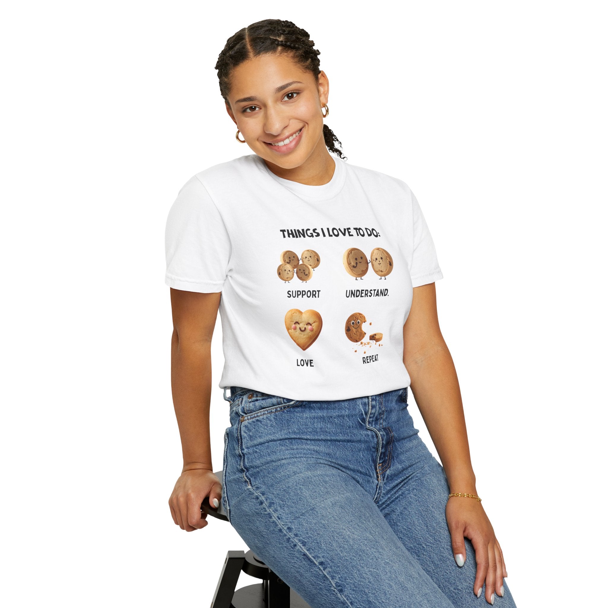 Cookie Hearts T-Shirt — "Things I Love To Do: Support, Understand, Love, Repeat" Cute Baking Graphic Tee