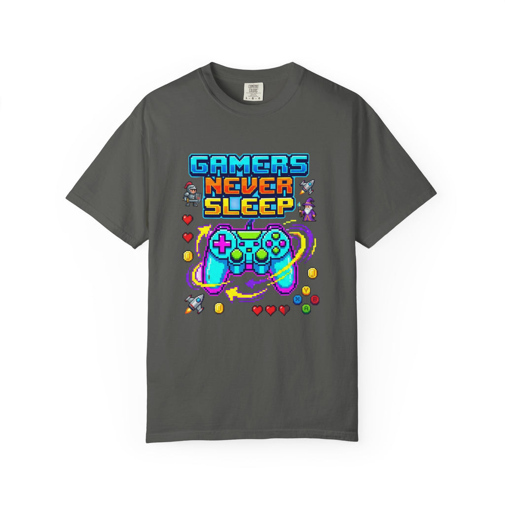 Gamers Never Sleep T-Shirt — Retro Pixel Gamepad Tee