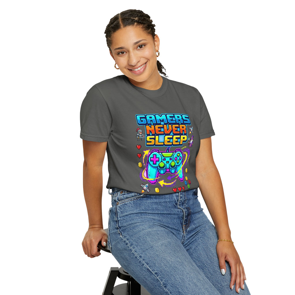 Gamers Never Sleep T-Shirt — Retro Pixel Gamepad Tee