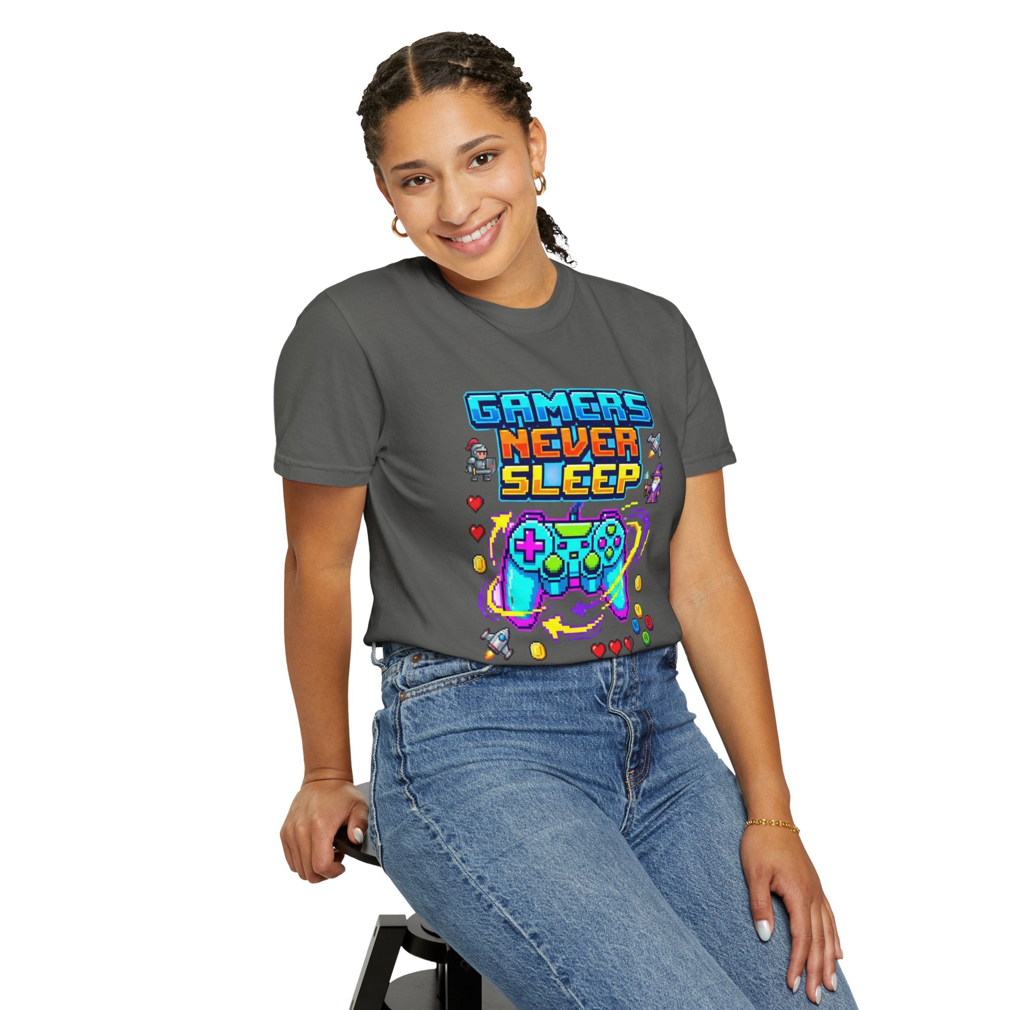 Gamers Never Sleep T-Shirt — Retro Pixel Gamepad Tee