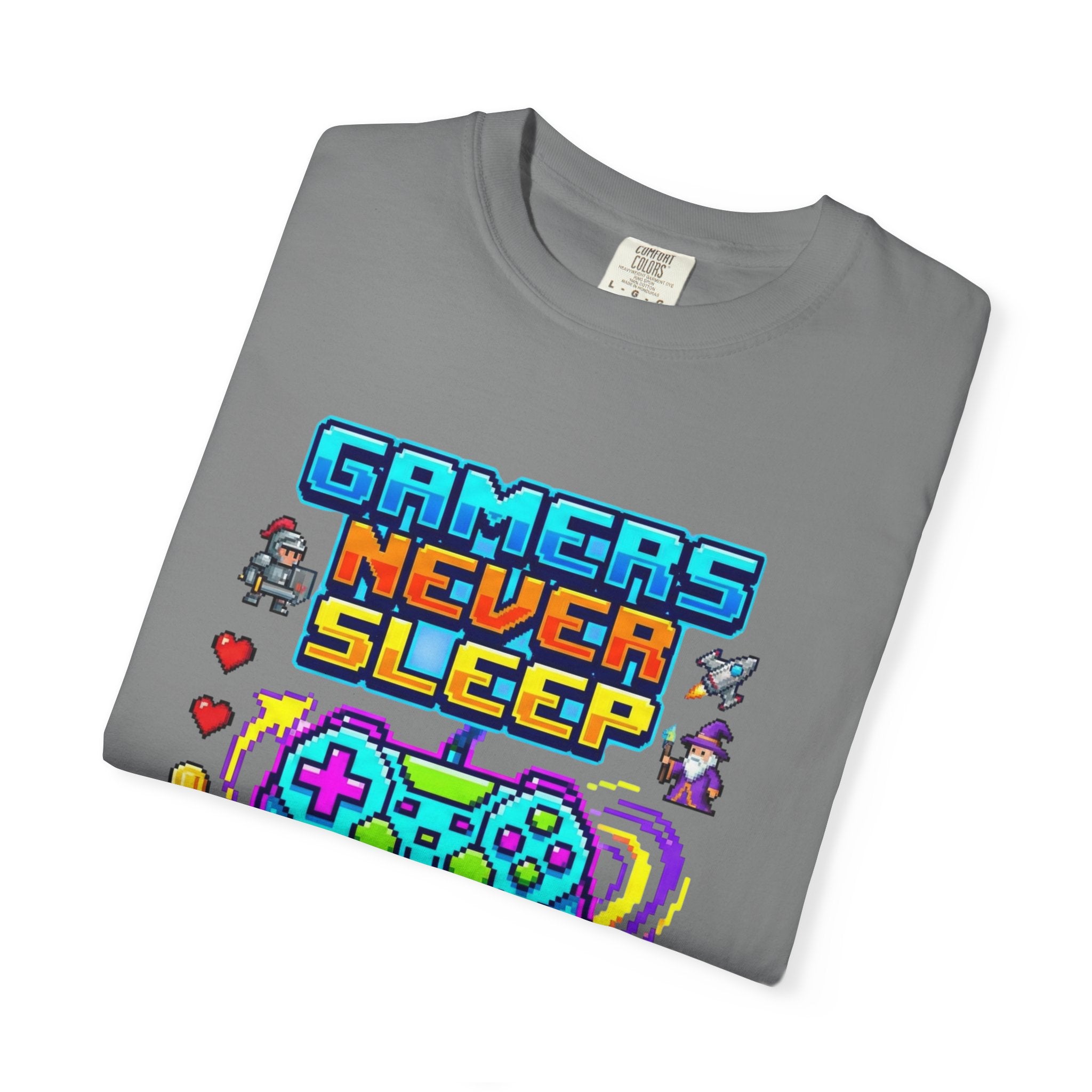 Gamers Never Sleep T-Shirt — Retro Pixel Gamepad Tee