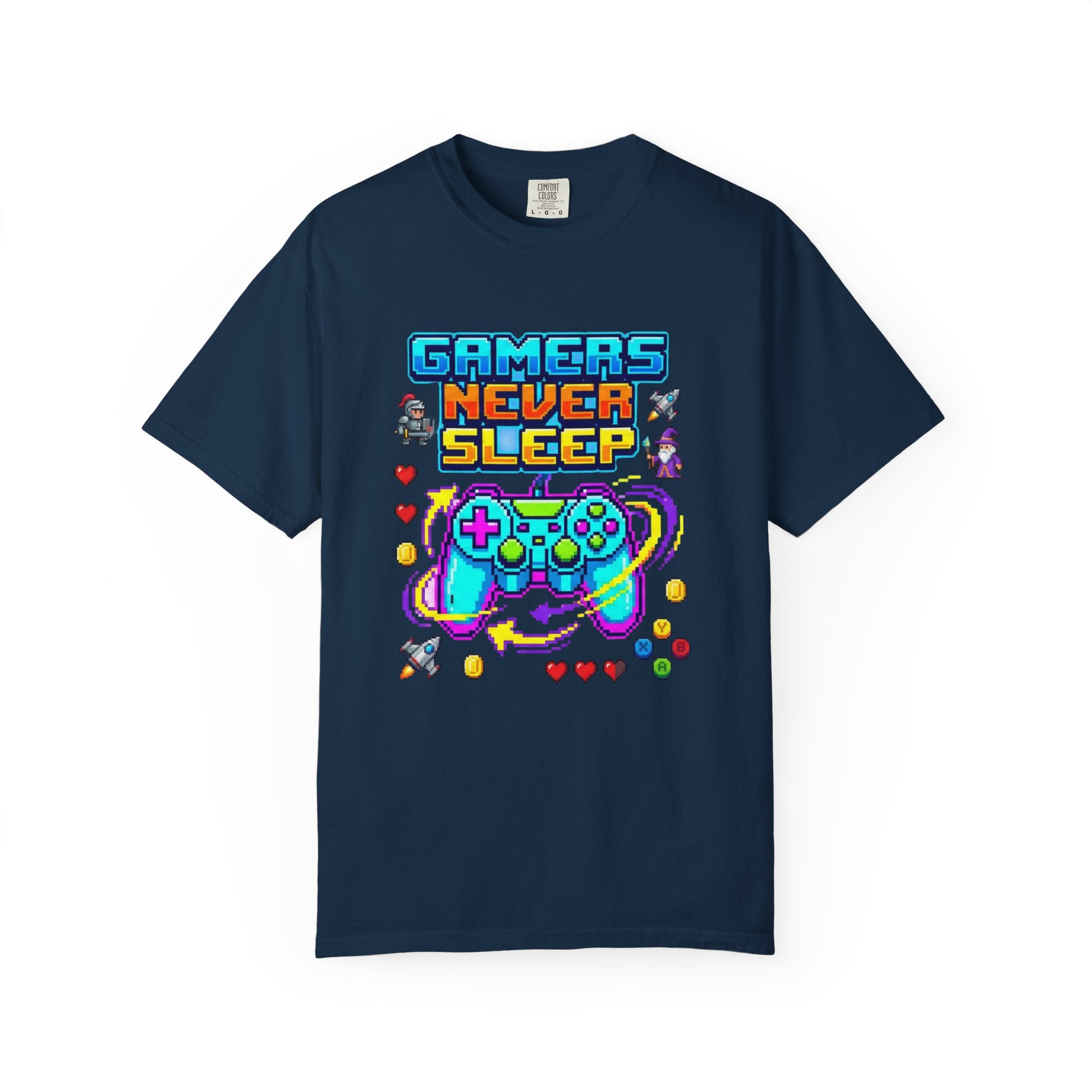 Gamers Never Sleep T-Shirt — Retro Pixel Gamepad Tee