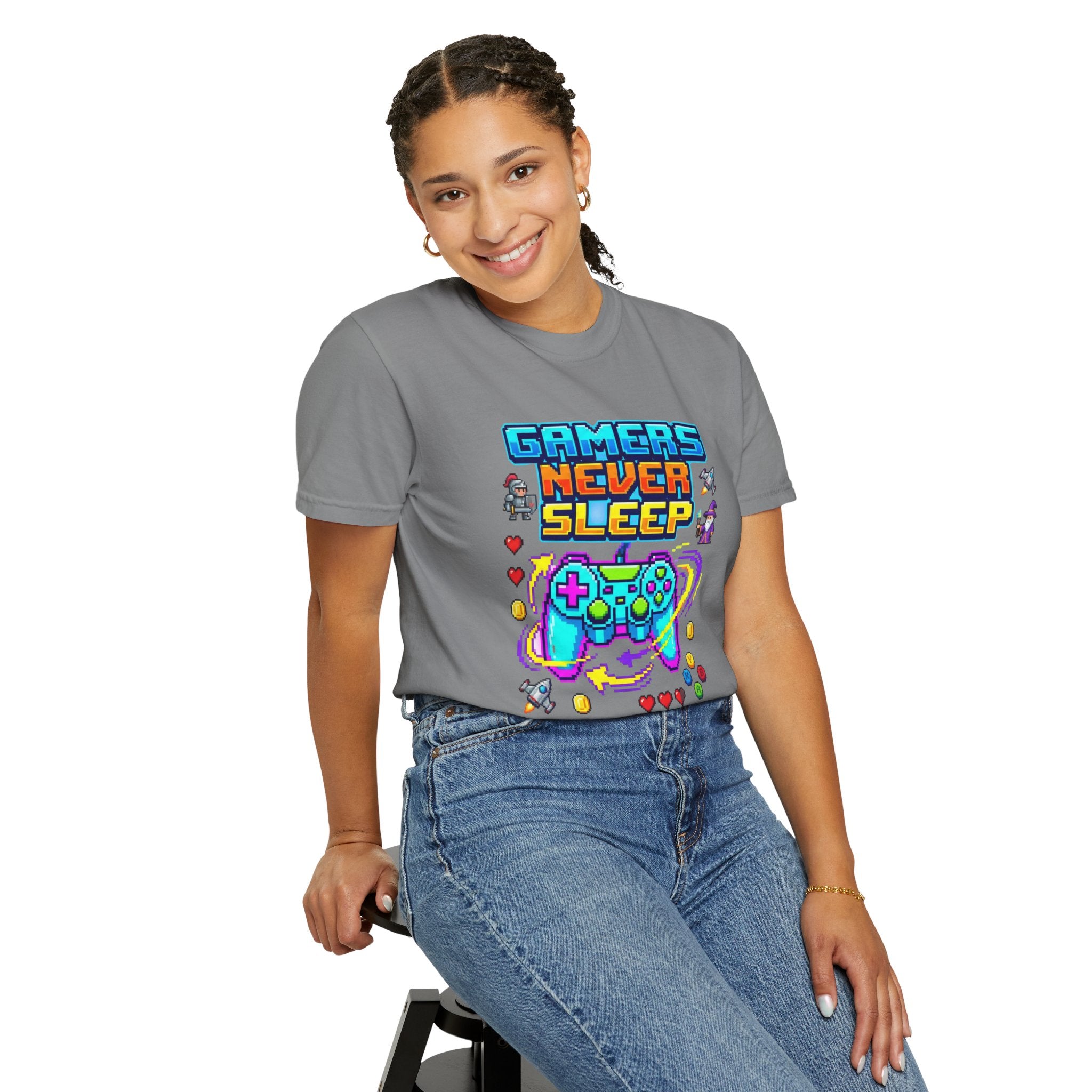 Gamers Never Sleep T-Shirt — Retro Pixel Gamepad Tee