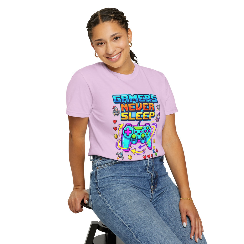 Gamers Never Sleep T-Shirt — Retro Pixel Gamepad Tee