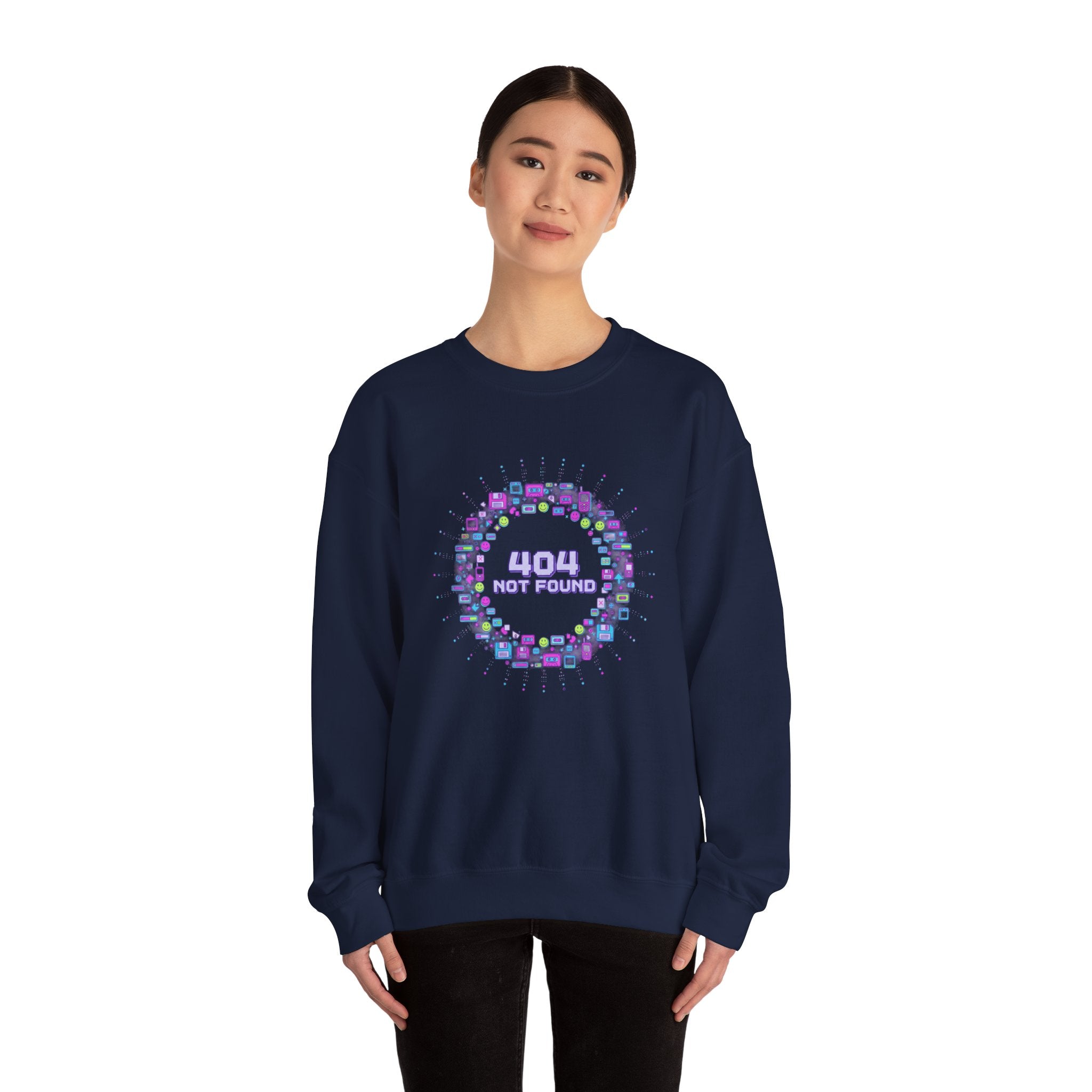 404 Not Found Pixel Icons Crewneck Sweatshirt | Y2K Retro Tech, virtual pet nostalgia