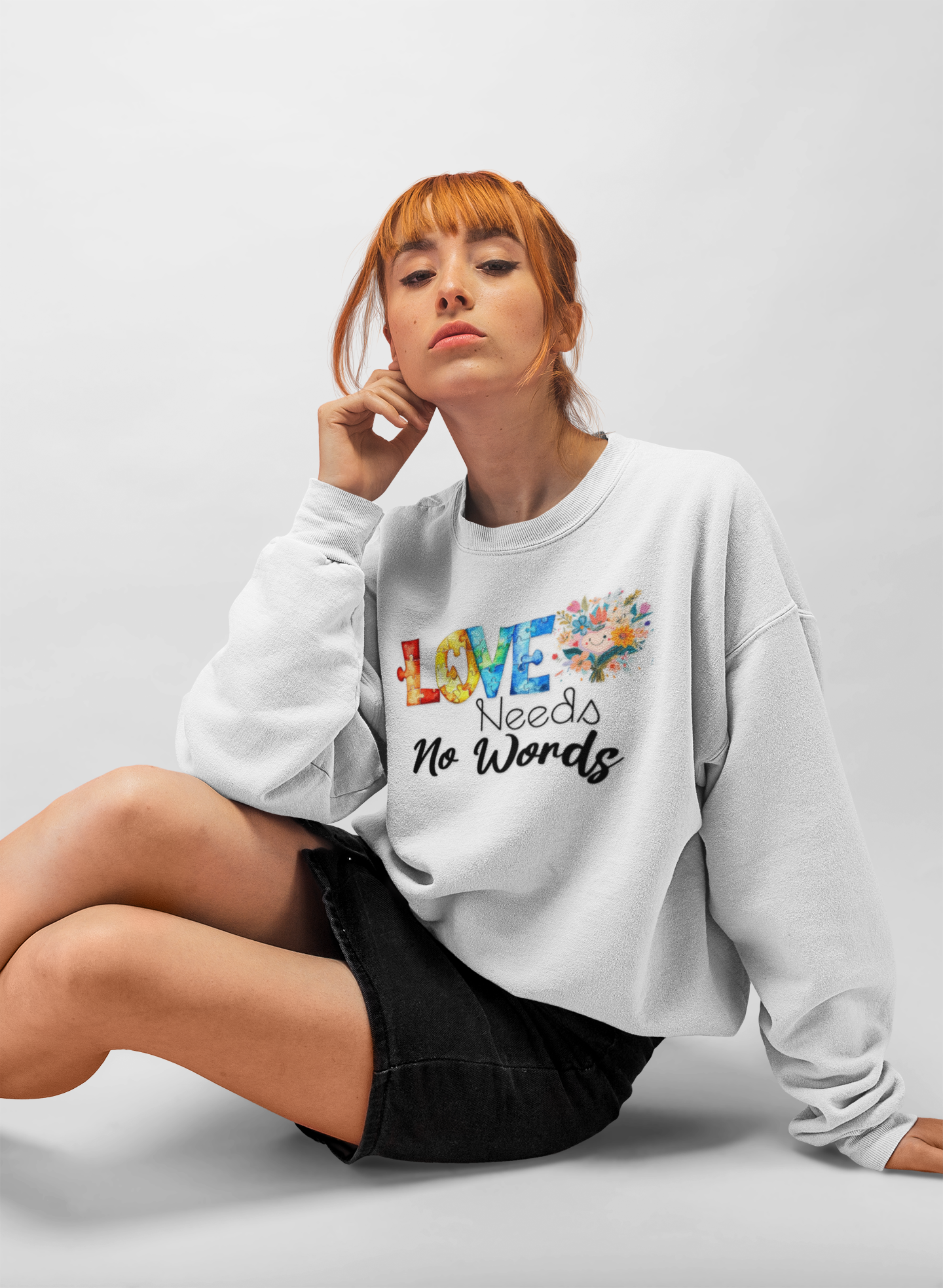 Love Needs No Words Crewneck Sweatshirt — Floral Watercolor Autism Awareness  Cozy Pullover