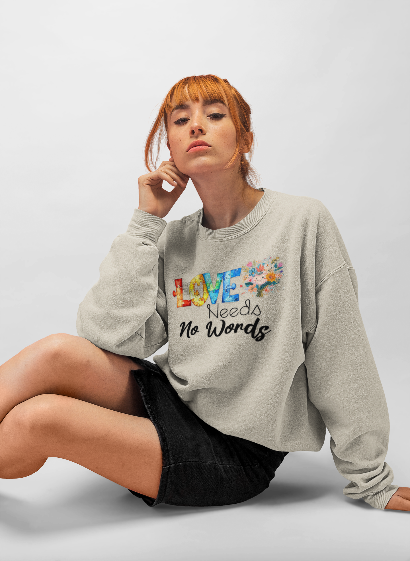 Love Needs No Words Crewneck Sweatshirt — Floral Watercolor Autism Awareness  Cozy Pullover