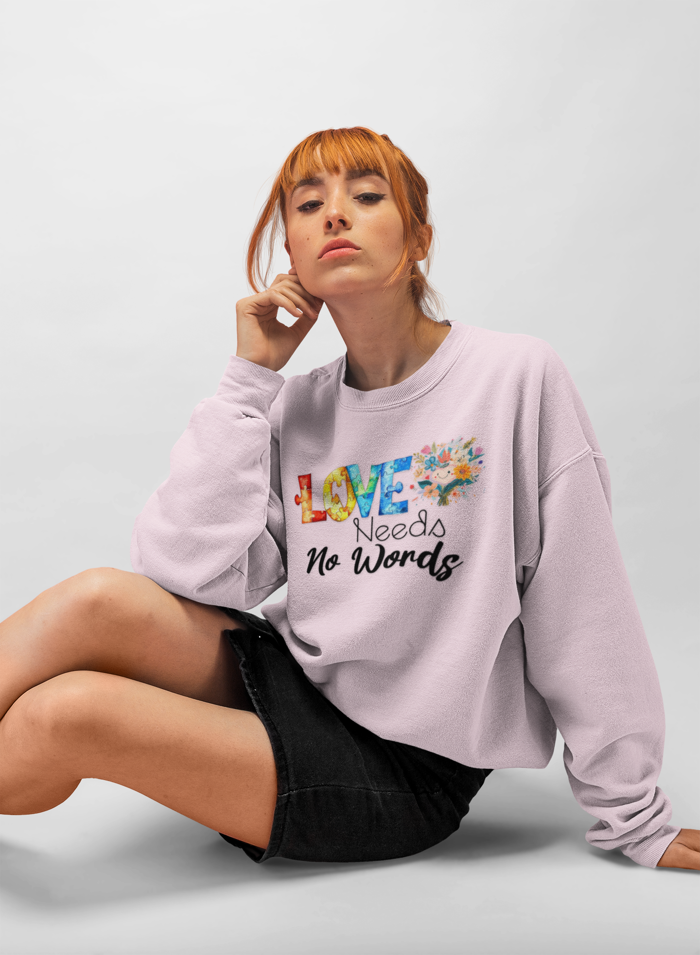 Love Needs No Words Crewneck Sweatshirt — Floral Watercolor Autism Awareness  Cozy Pullover