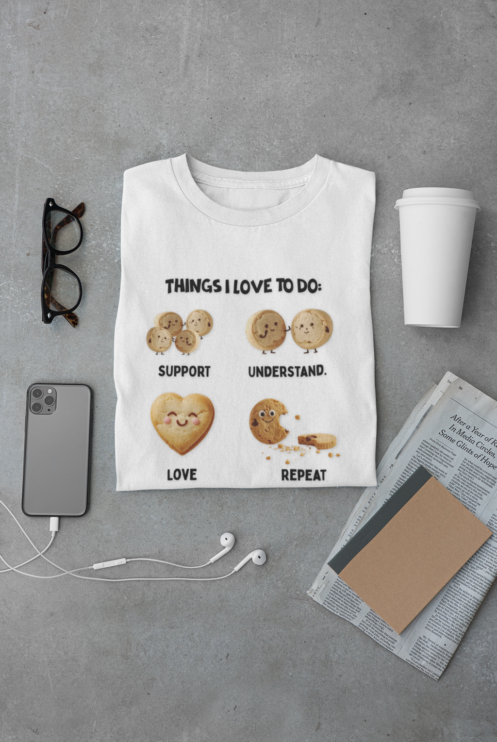 Cookie Hearts T-Shirt — "Things I Love To Do: Support, Understand, Love, Repeat" Cute Baking Graphic Tee