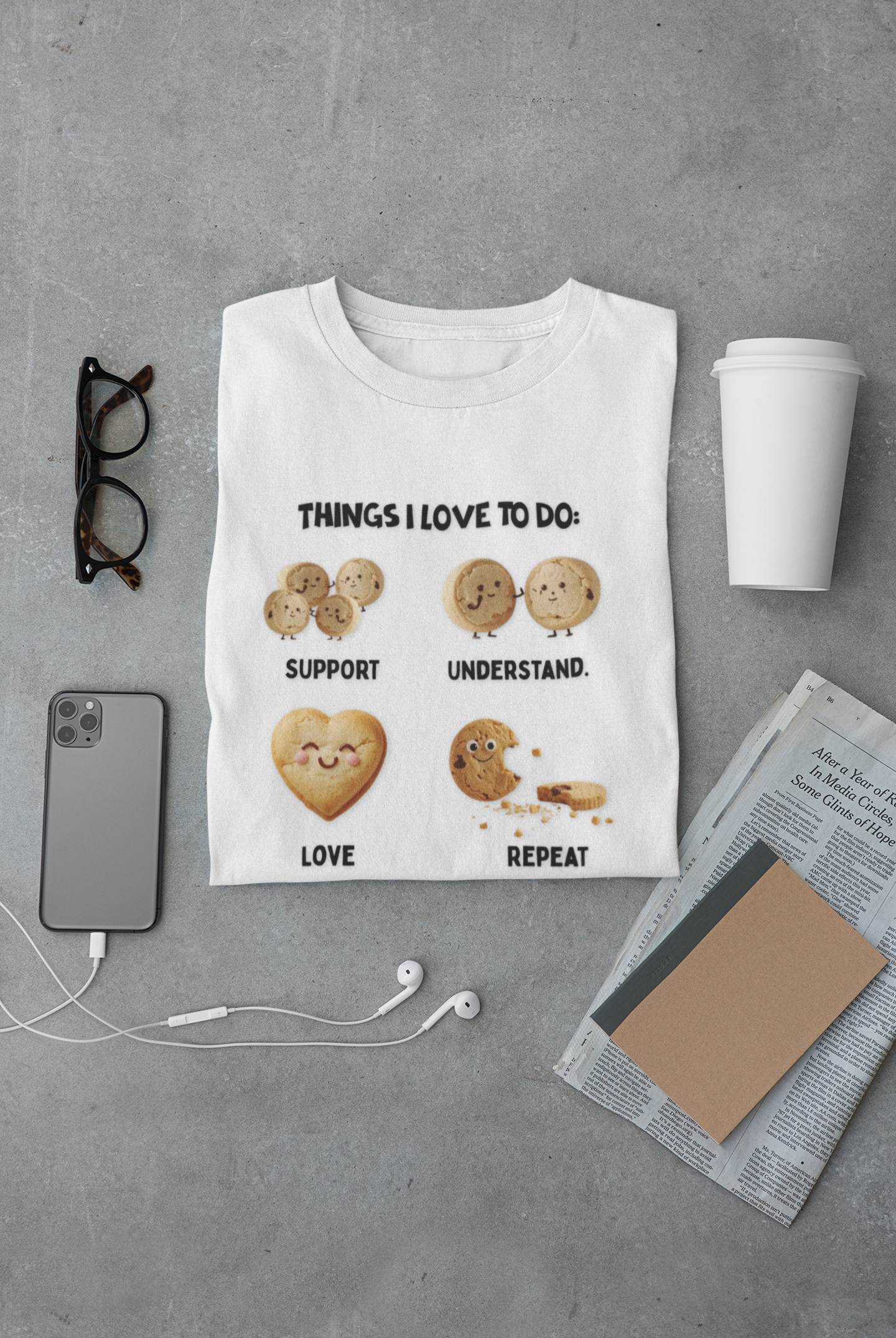 Cookie Hearts T-Shirt — "Things I Love To Do: Support, Understand, Love, Repeat" Cute Baking Graphic Tee