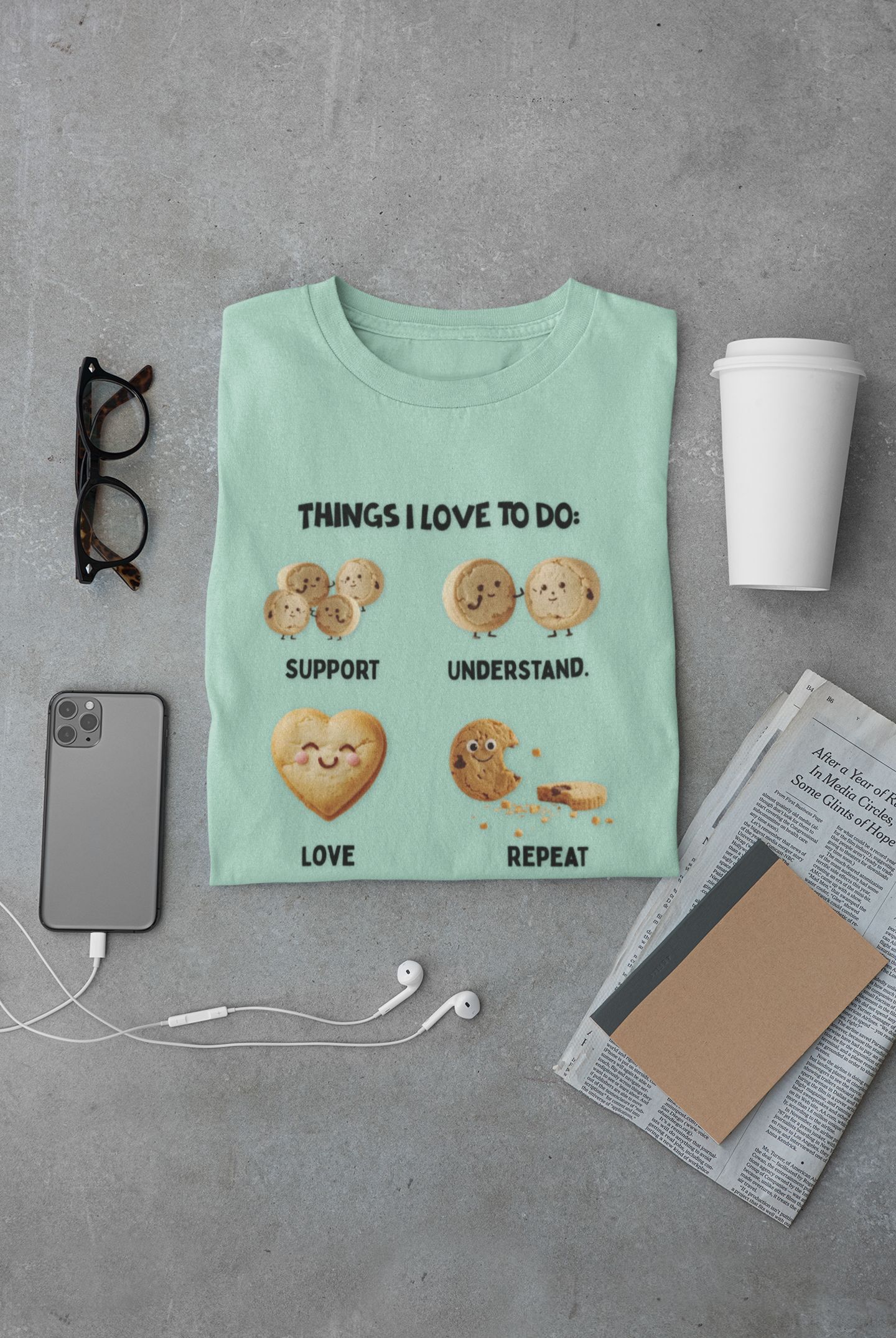 Cookie Hearts T-Shirt — "Things I Love To Do: Support, Understand, Love, Repeat" Cute Baking Graphic Tee