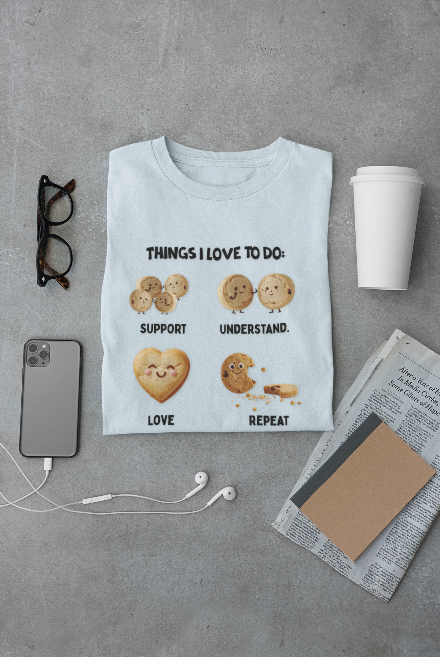 Cookie Hearts T-Shirt — "Things I Love To Do: Support, Understand, Love, Repeat" Cute Baking Graphic Tee