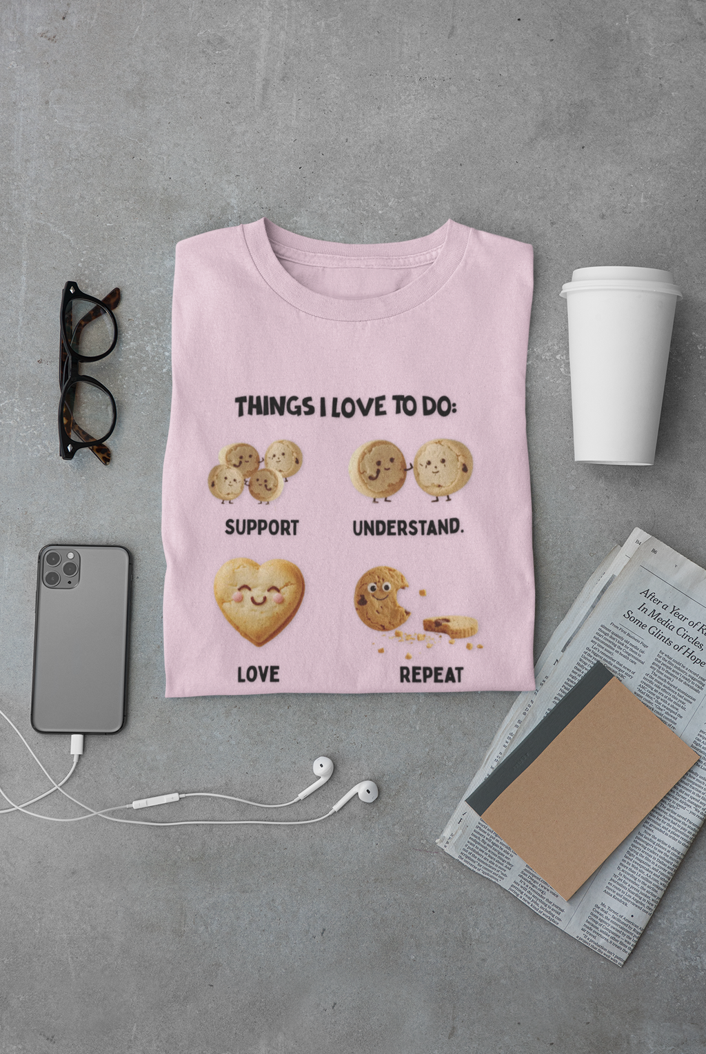 Cookie Hearts T-Shirt — "Things I Love To Do: Support, Understand, Love, Repeat" Cute Baking Graphic Tee