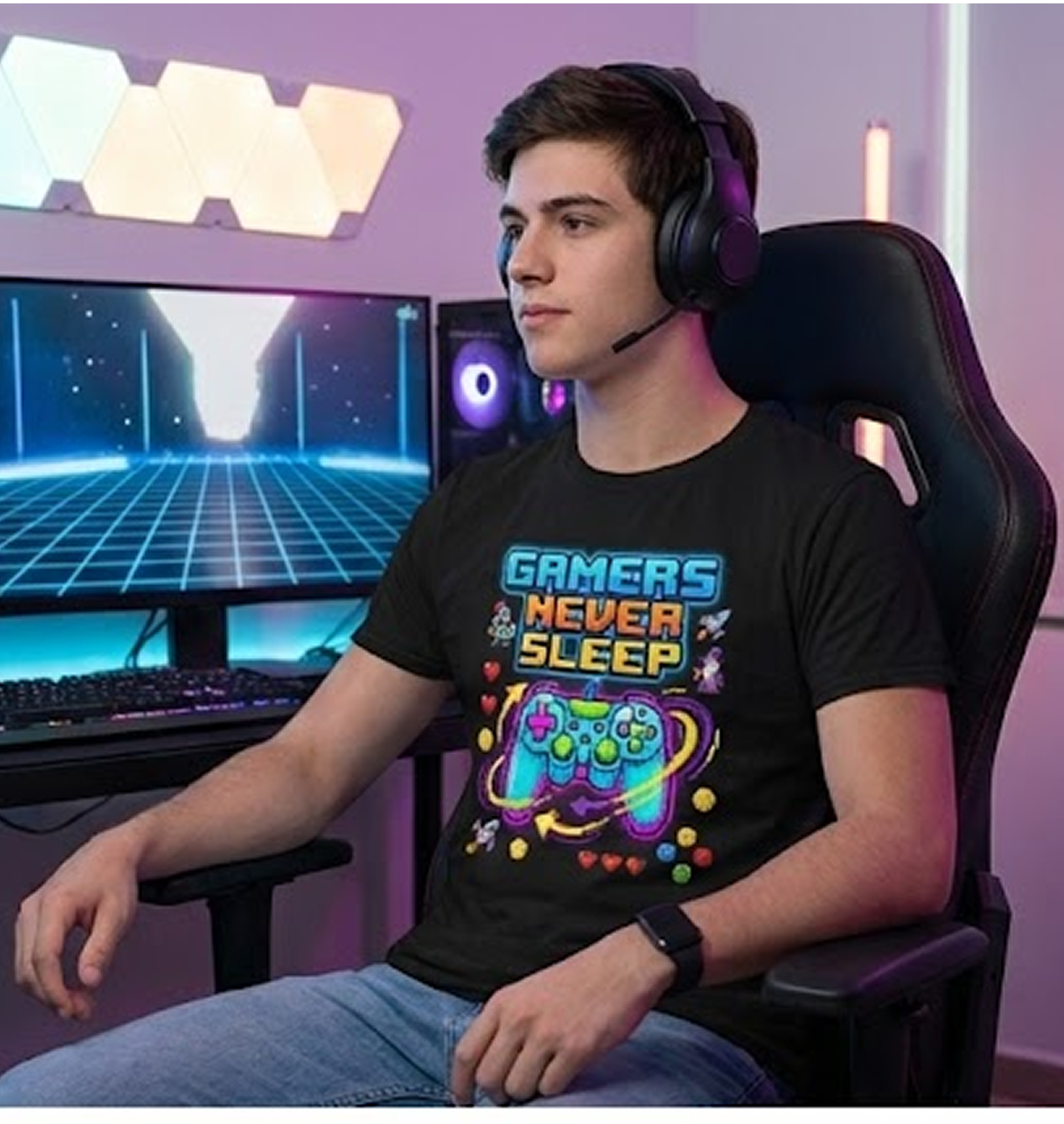 Gamers Never Sleep T-Shirt — Retro Pixel Gamepad Tee