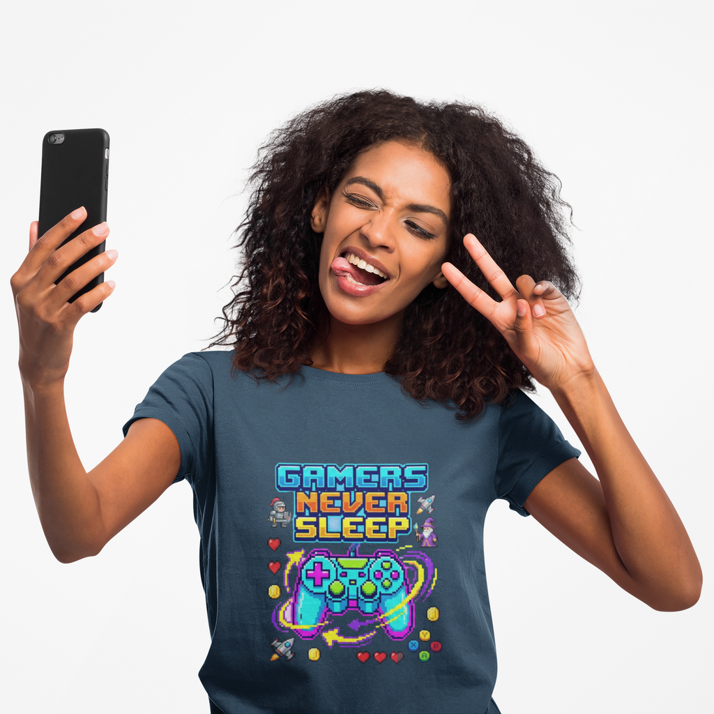 Gamers Never Sleep T-Shirt — Retro Pixel Gamepad Tee