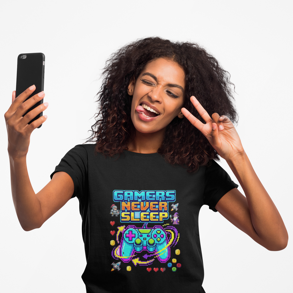 Gamers Never Sleep T-Shirt — Retro Pixel Gamepad Tee