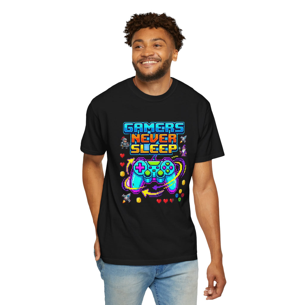 Gamers Never Sleep T-Shirt — Retro Pixel Gamepad Tee