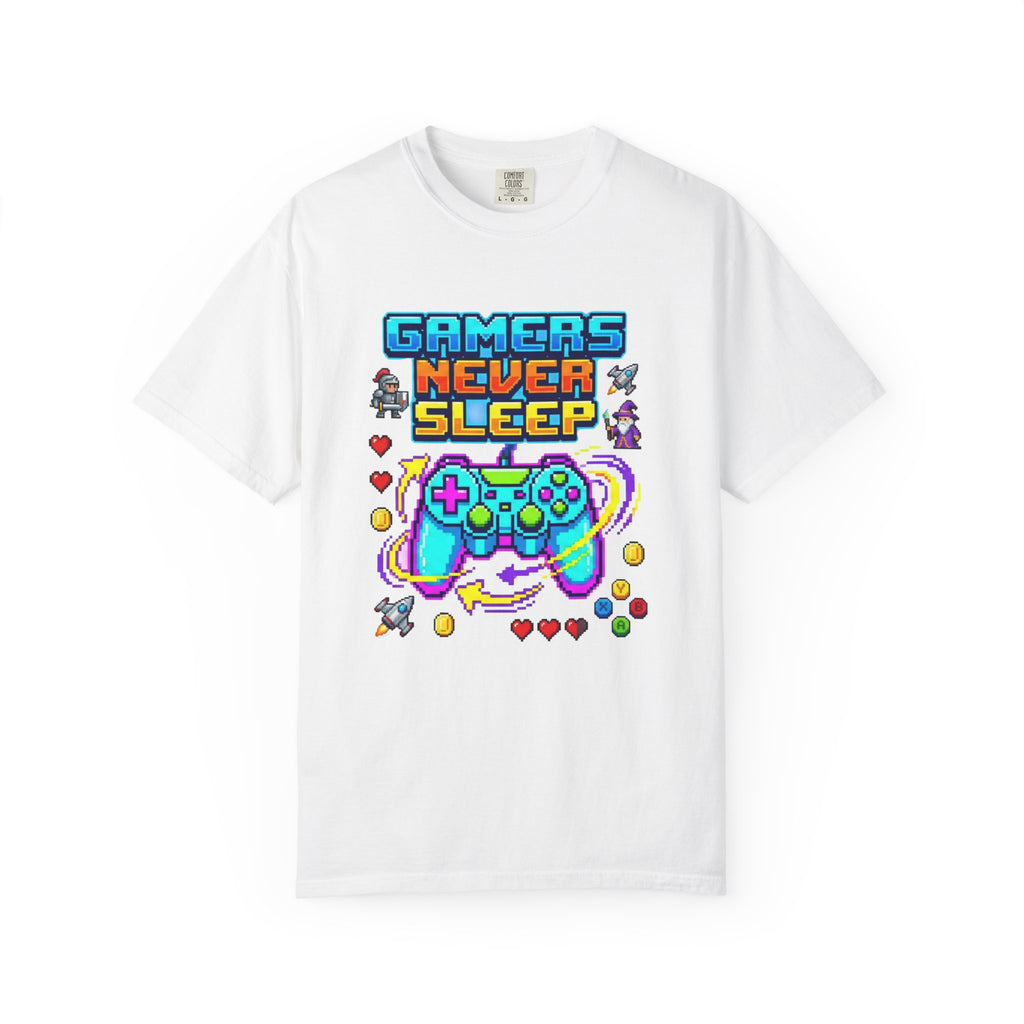 Gamers Never Sleep T-Shirt — Retro Pixel Gamepad Tee