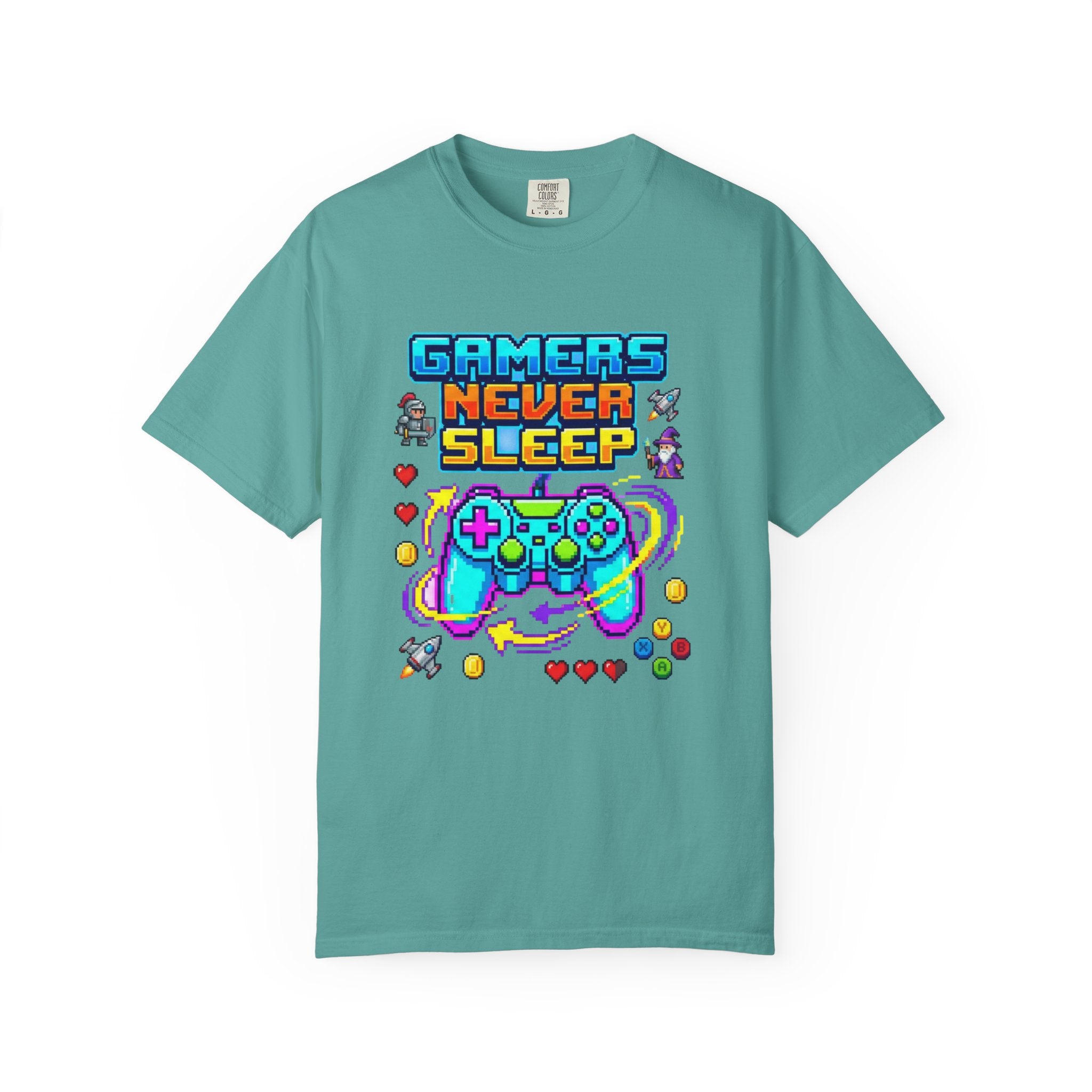 Gamers Never Sleep T-Shirt — Retro Pixel Gamepad Tee