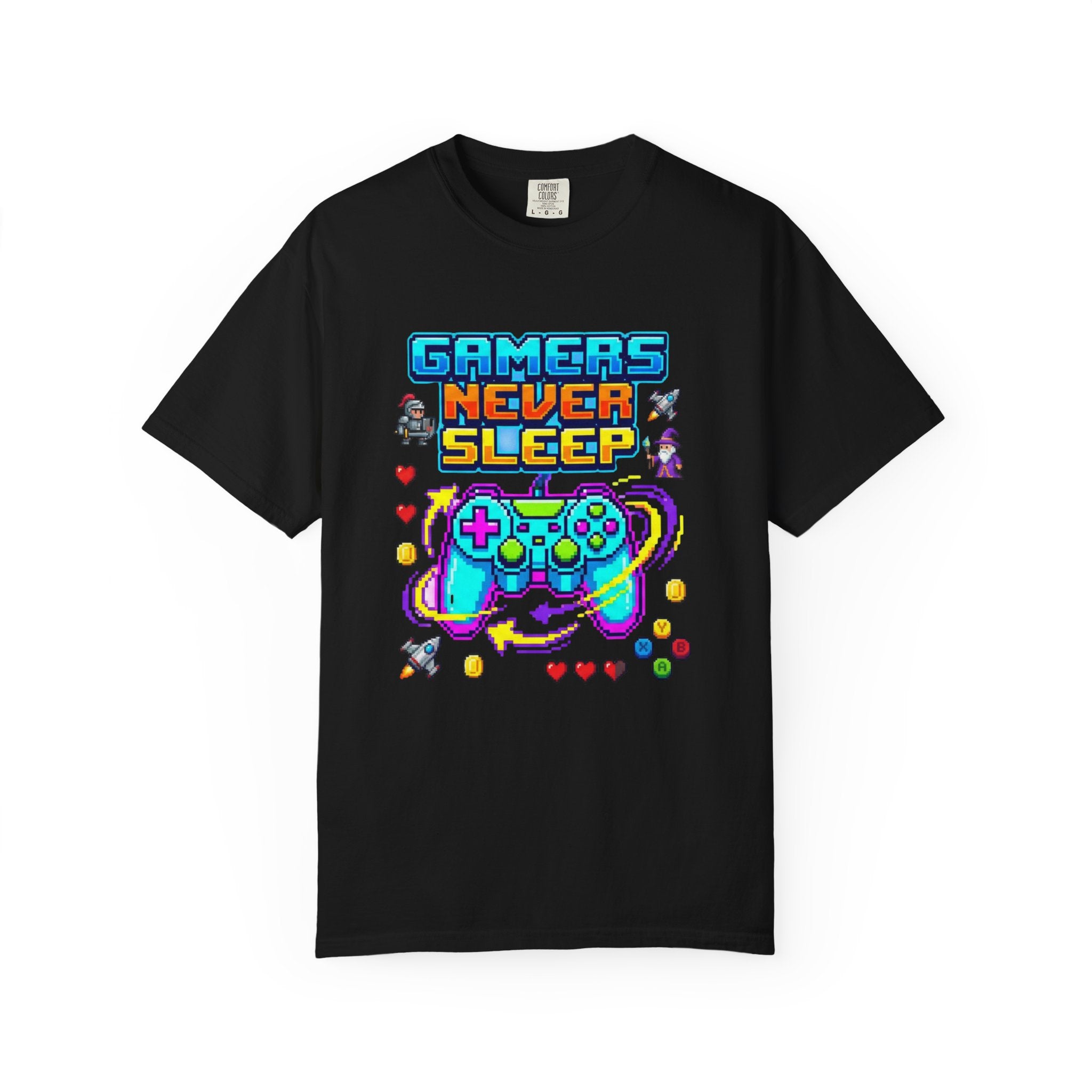 Gamers Never Sleep T-Shirt — Retro Pixel Gamepad Tee