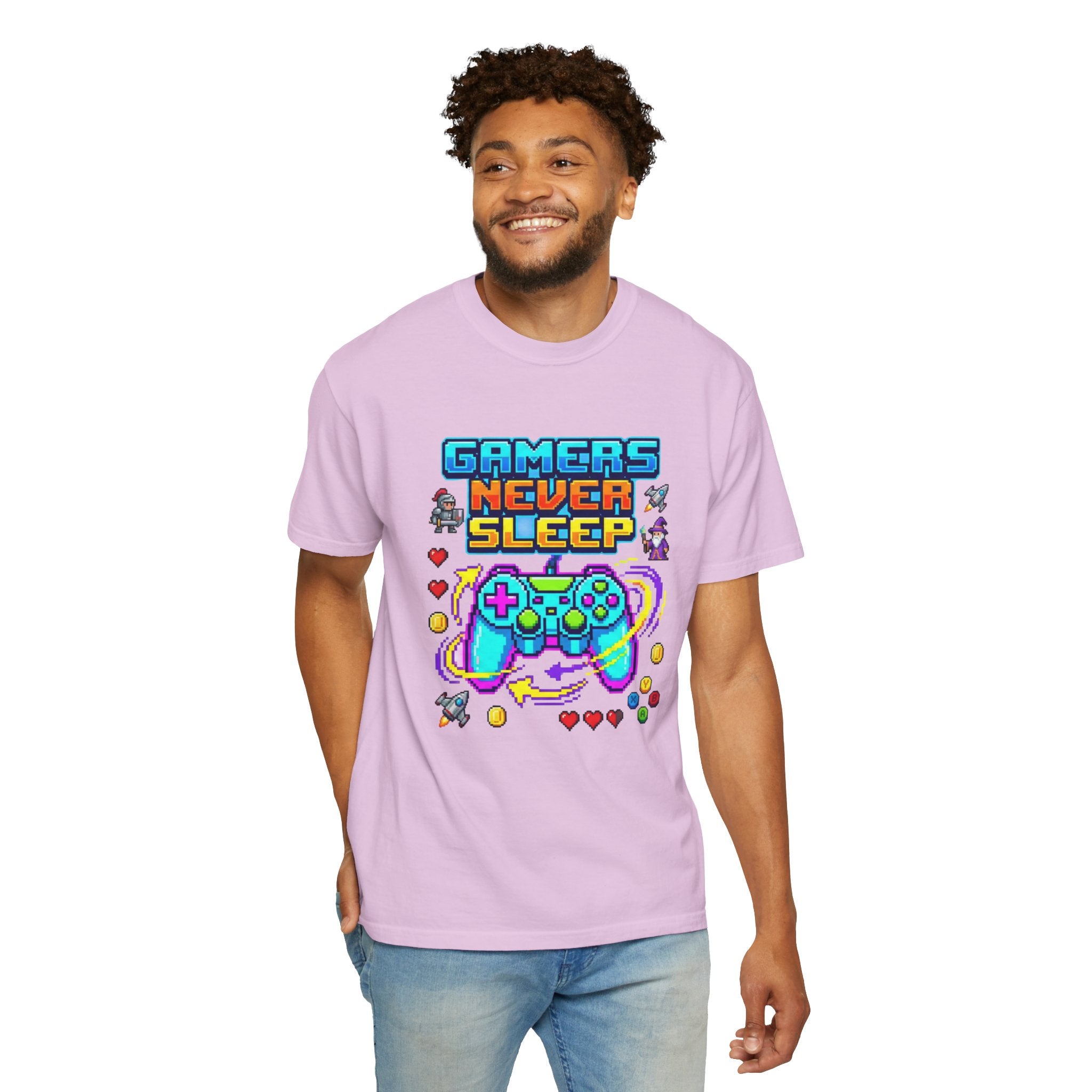 Gamers Never Sleep T-Shirt — Retro Pixel Gamepad Tee