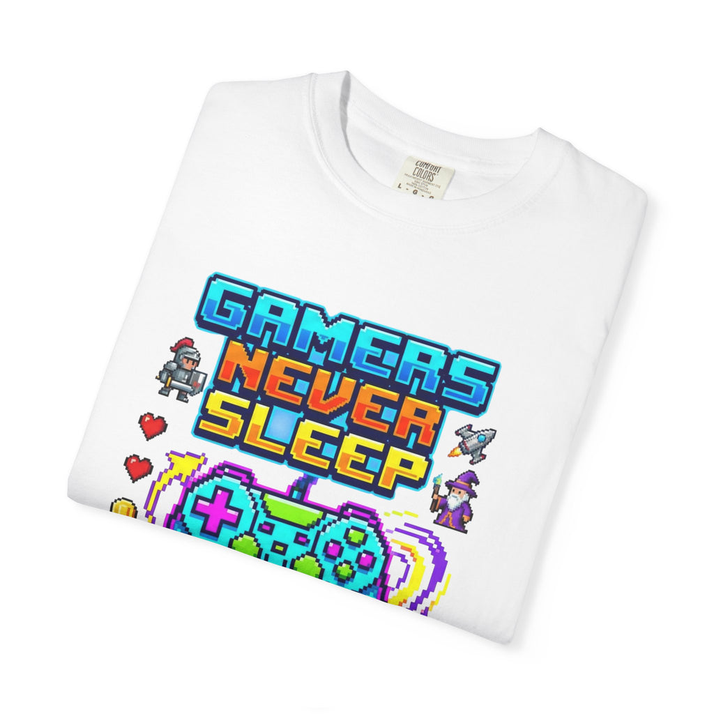 Gamers Never Sleep T-Shirt — Retro Pixel Gamepad Tee