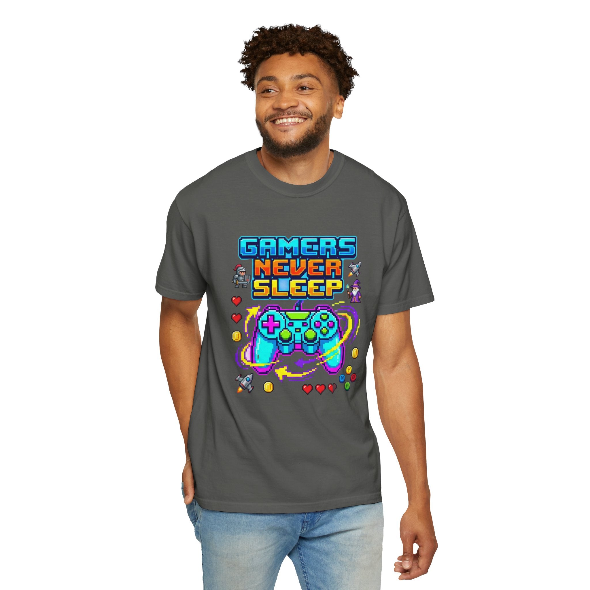 Gamers Never Sleep T-Shirt — Retro Pixel Gamepad Tee