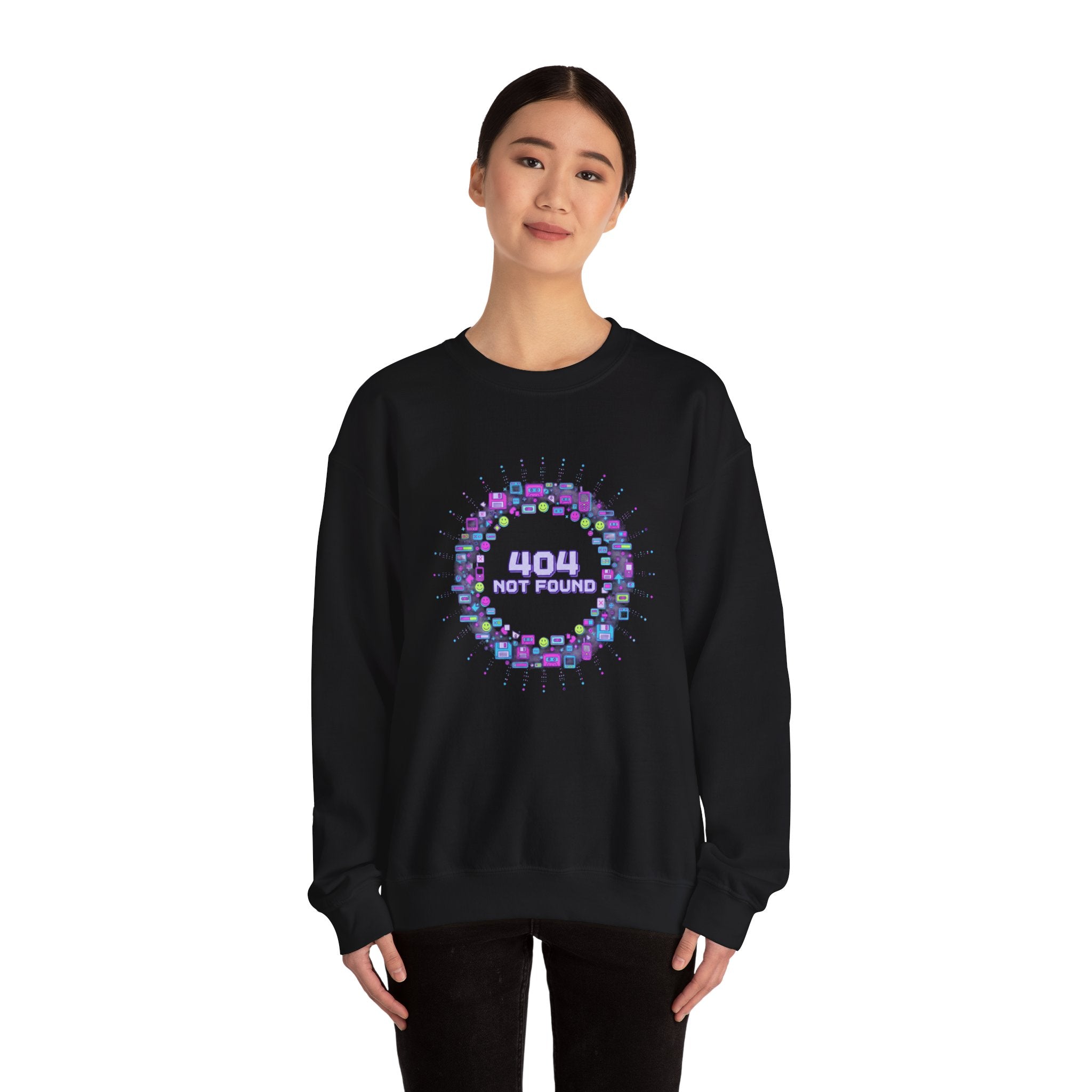 404 Not Found Pixel Icons Crewneck Sweatshirt | Y2K Retro Tech, virtual pet nostalgia