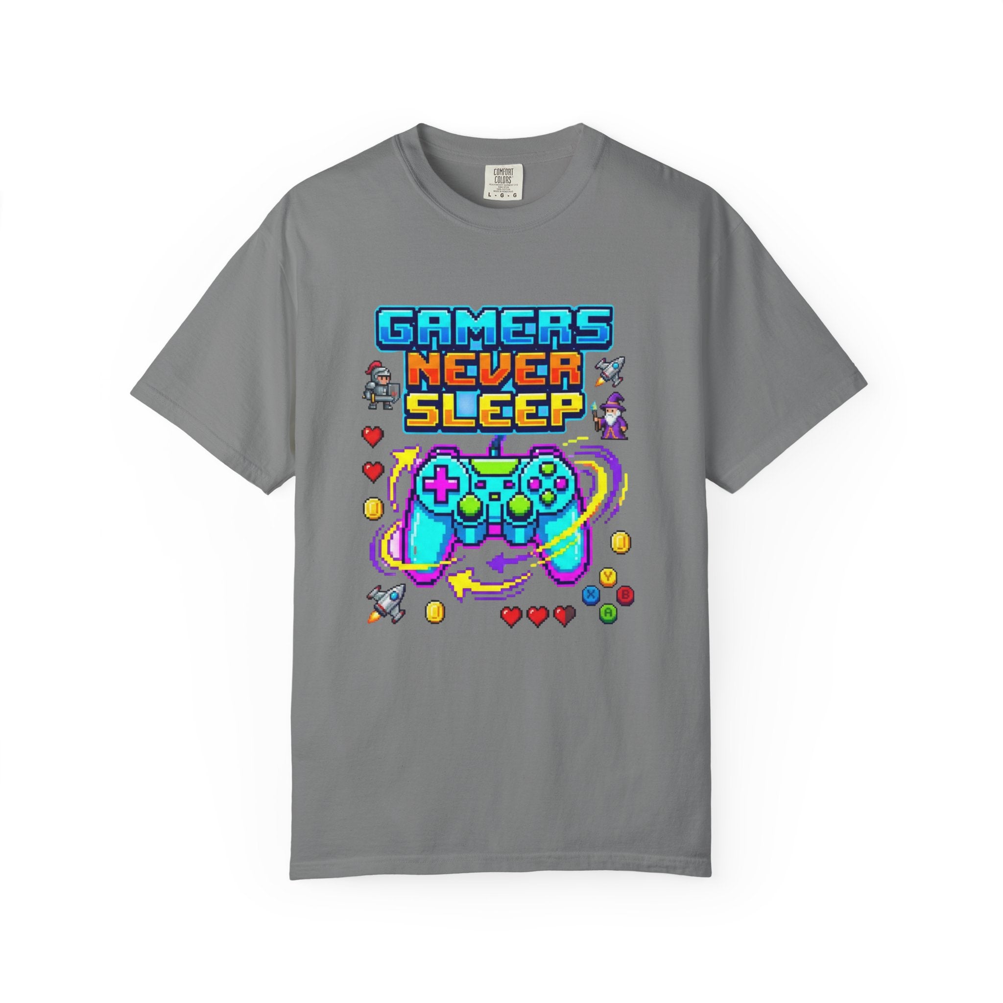 Gamers Never Sleep T-Shirt — Retro Pixel Gamepad Tee
