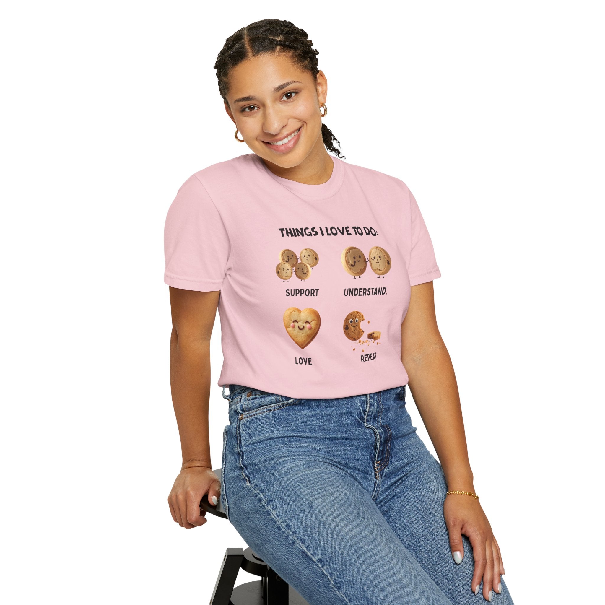 Cookie Hearts T-Shirt — "Things I Love To Do: Support, Understand, Love, Repeat" Cute Baking Graphic Tee
