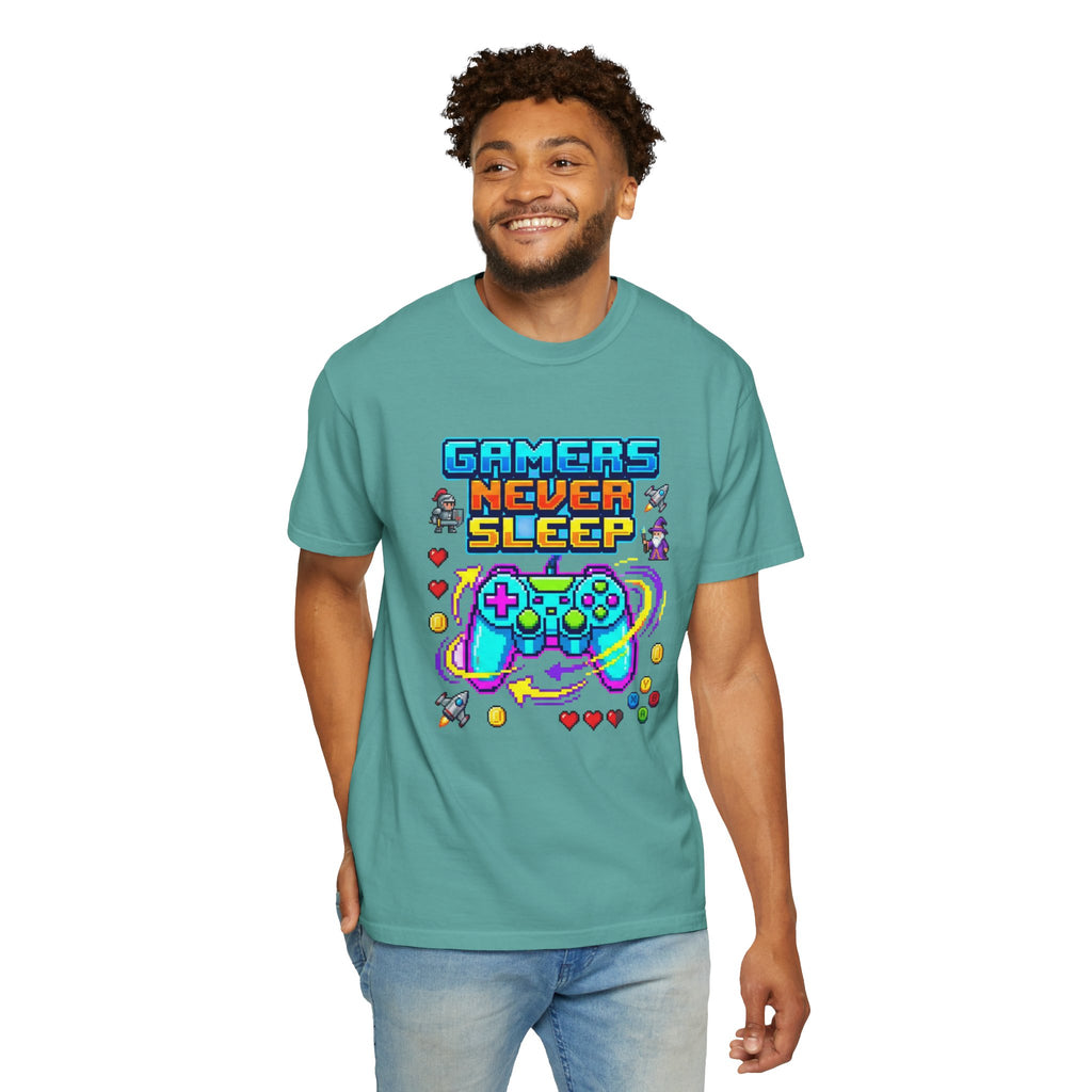 Gamers Never Sleep T-Shirt — Retro Pixel Gamepad Tee