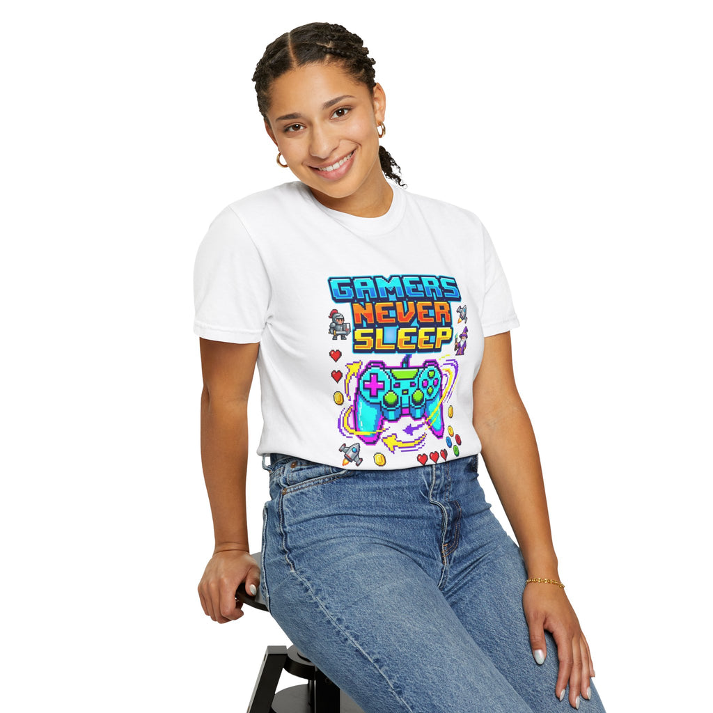 Gamers Never Sleep T-Shirt — Retro Pixel Gamepad Tee