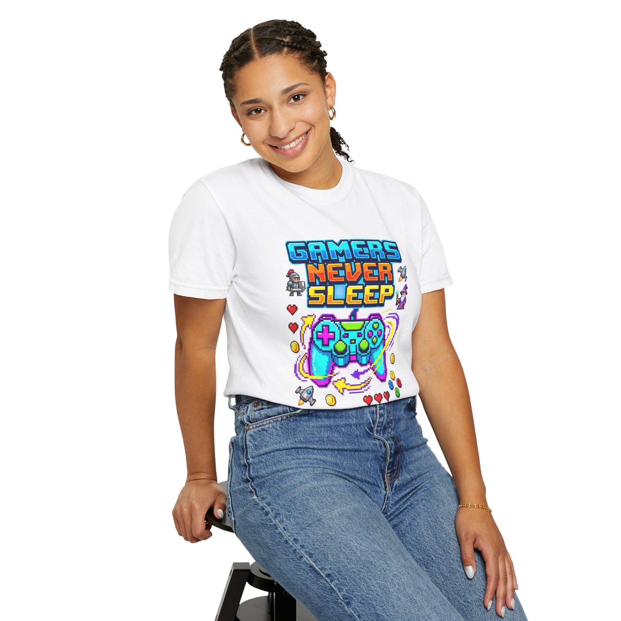 Gamers Never Sleep T-Shirt — Retro Pixel Gamepad Tee