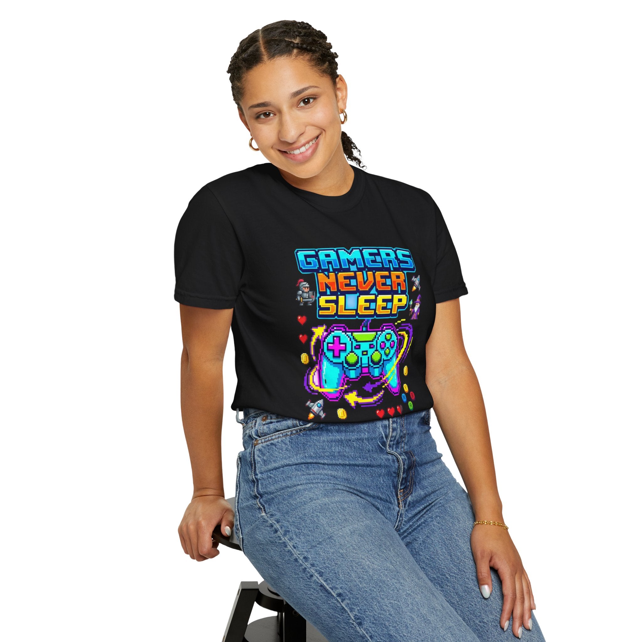 Gamers Never Sleep T-Shirt — Retro Pixel Gamepad Tee