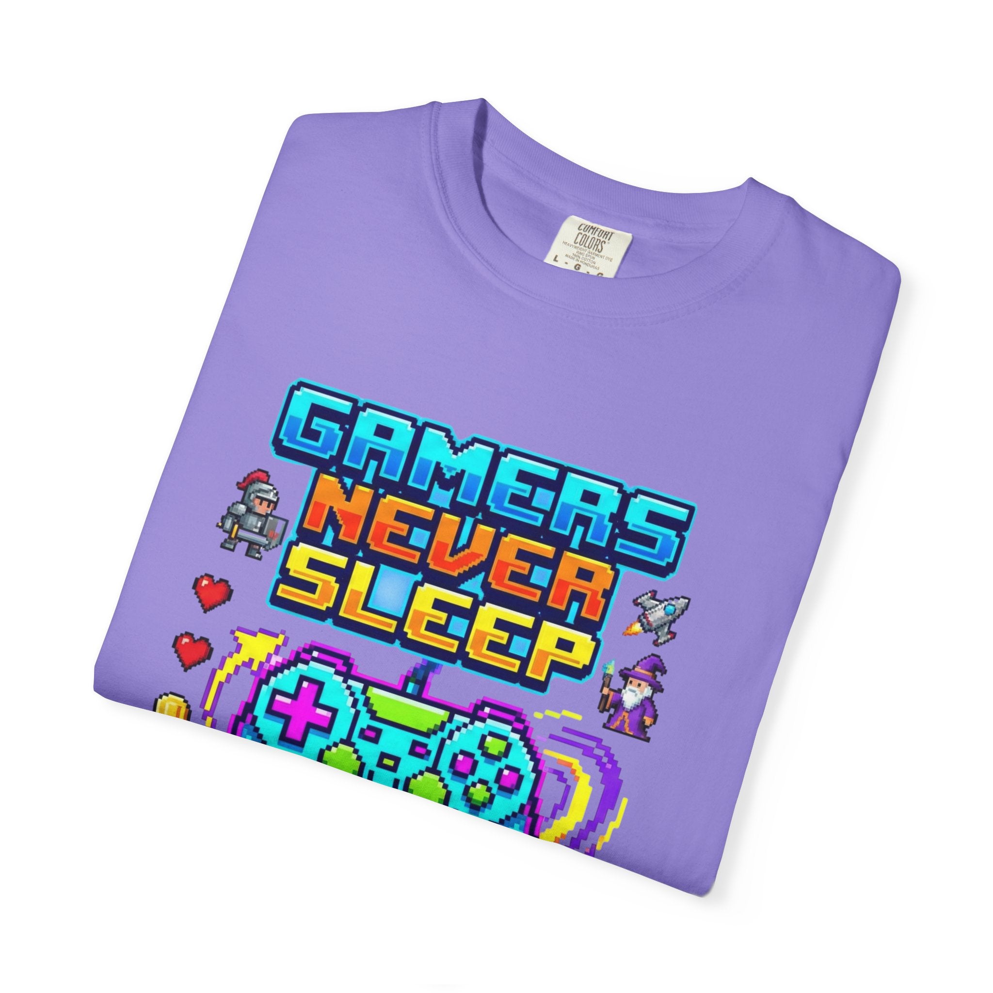 Gamers Never Sleep T-Shirt — Retro Pixel Gamepad Tee