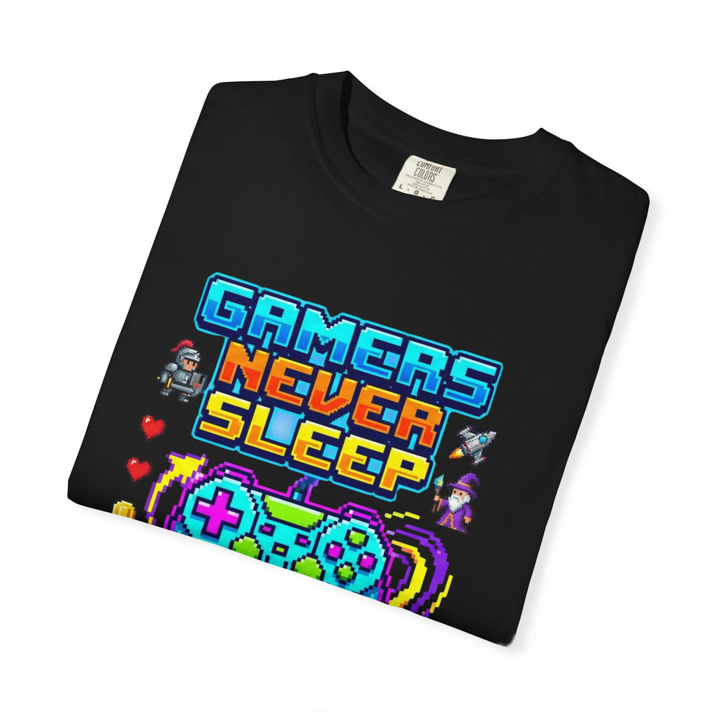 Gamers Never Sleep T-Shirt — Retro Pixel Gamepad Tee
