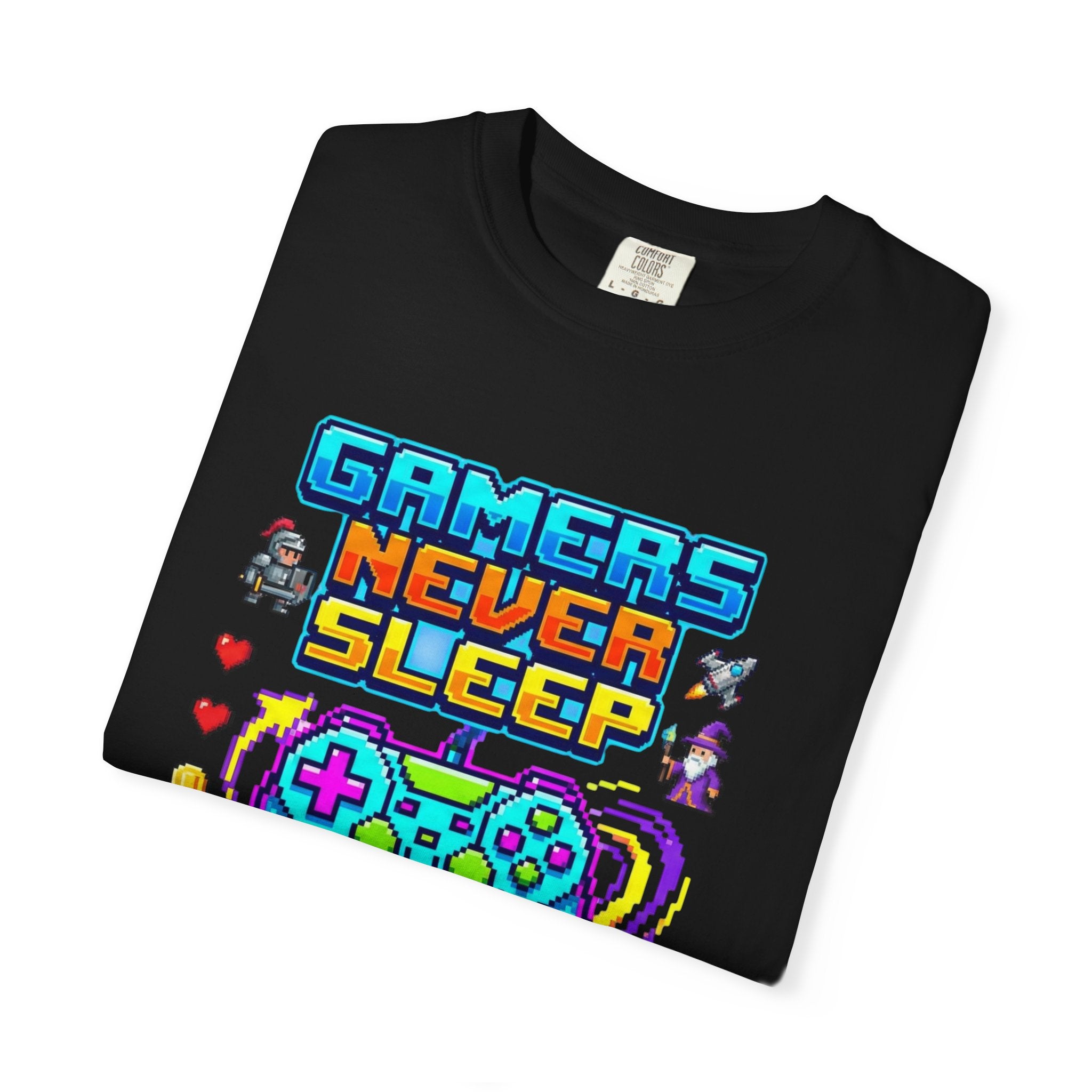 Gamers Never Sleep T-Shirt — Retro Pixel Gamepad Tee