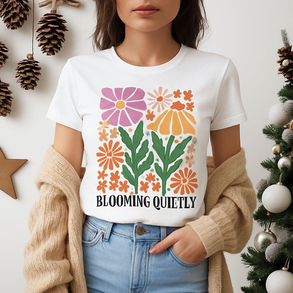 Blooming Quietly floral illustration Tee | White short sleeve t-shirt
